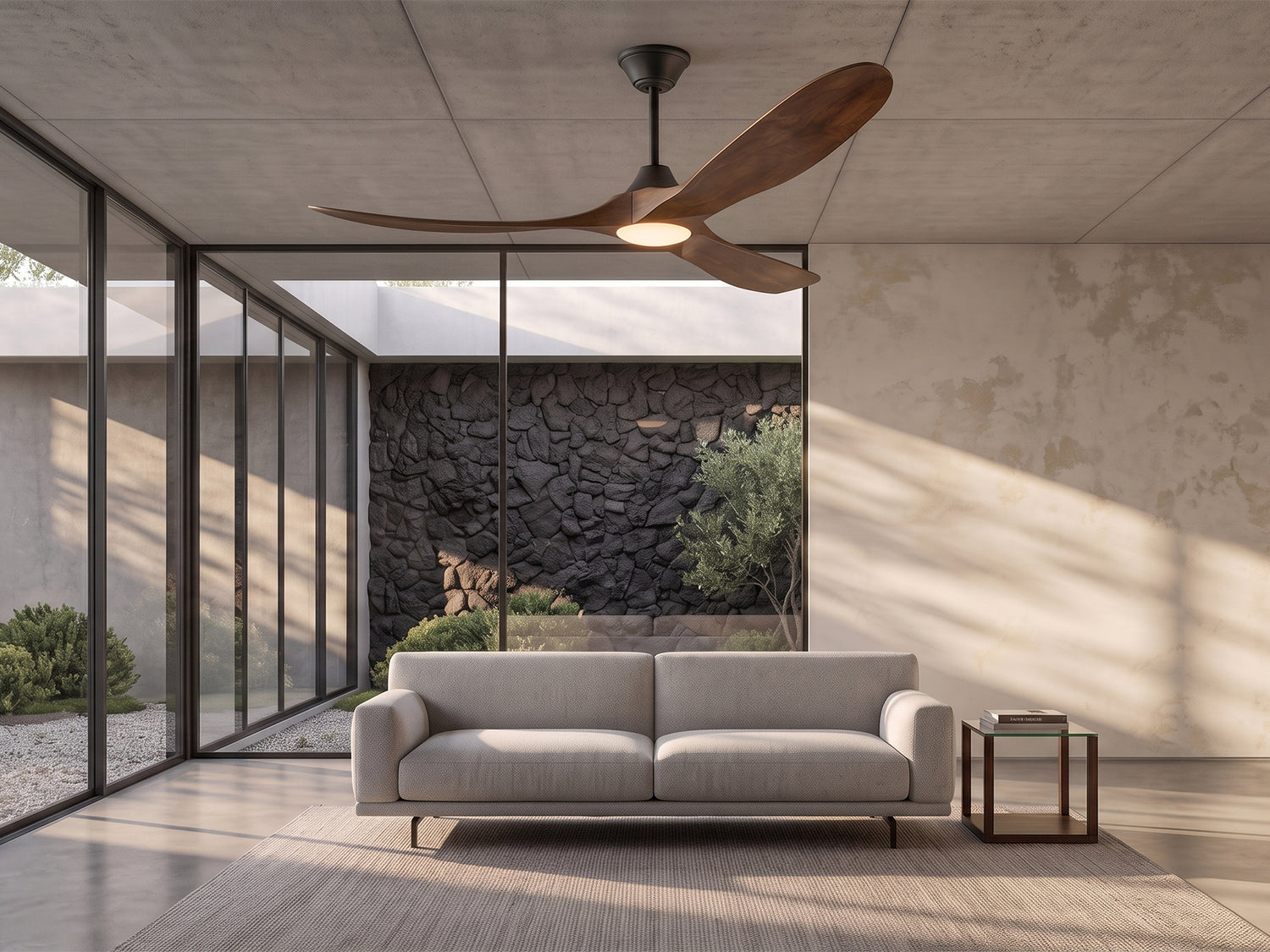 Comfortable living room with ceiling fan