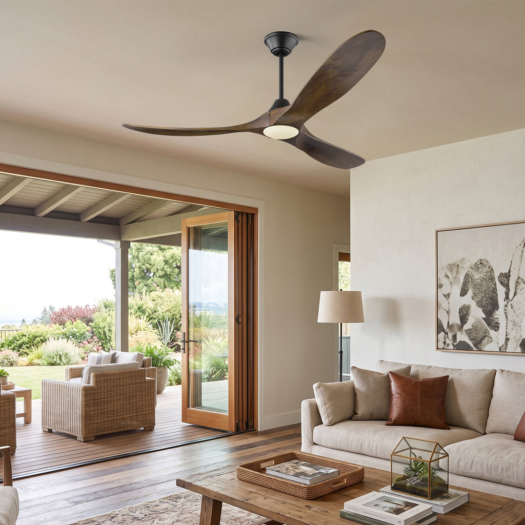XCWIIE 301 brown solid wood ceiling fan installed in a modern farmhouse living room#brown