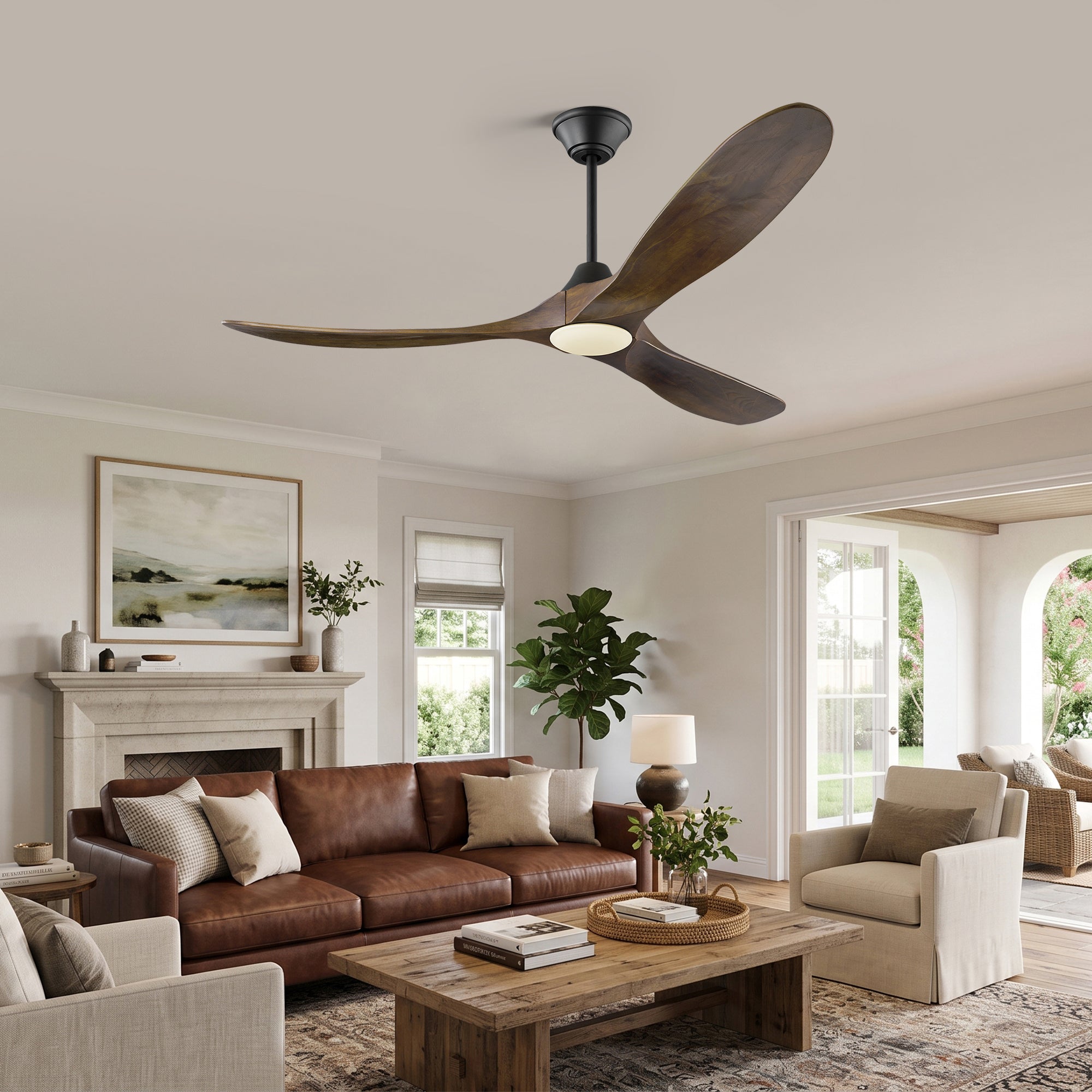 XCWIIE 301 brown ceiling fan with light above an open living room #brown