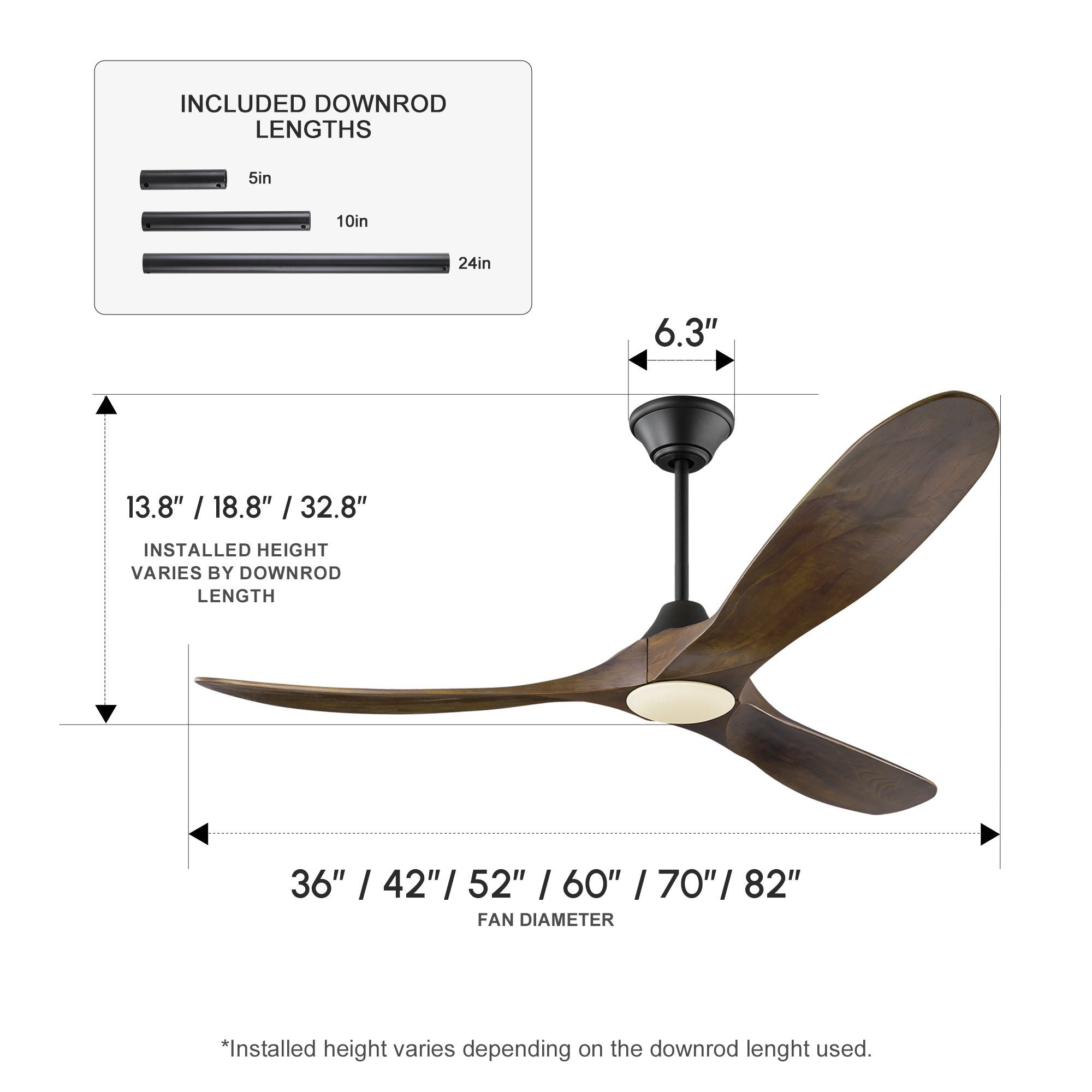 XCWIIE 301L ceiling fan available in 36 42 52 60 70 and 82 inch sizes #brown