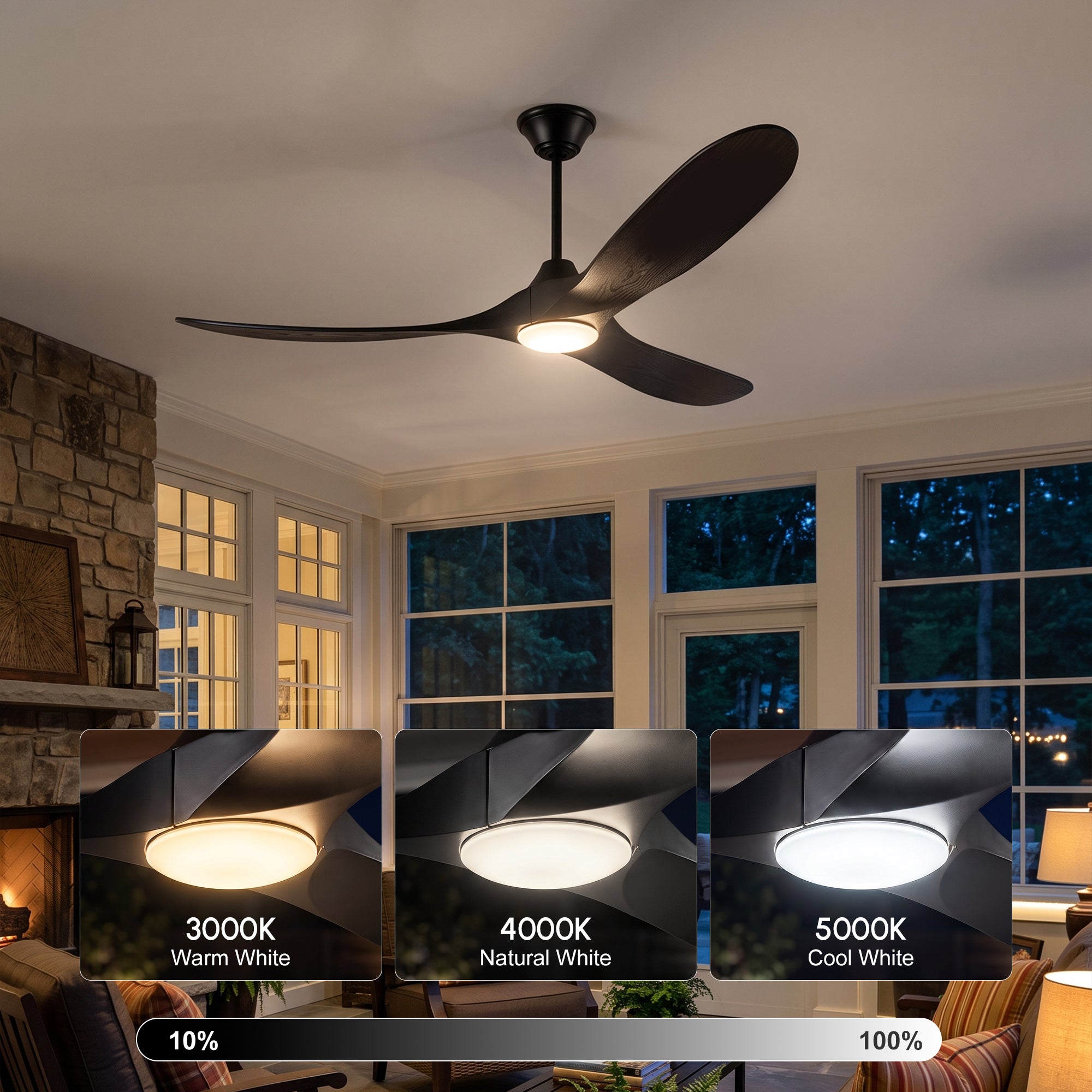 XCWIIE 301L ceiling fan adjustable LED lighting with three color temperature#black