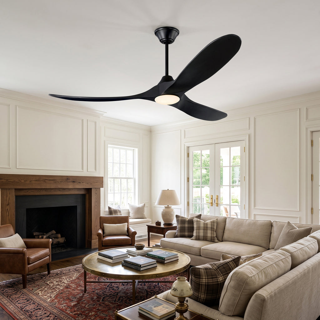 XCWIIE 301L black solid wood ceiling fan in a modern living room #black