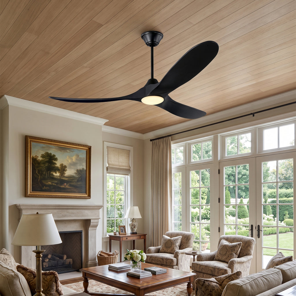 XCWIIE 301L black solid wood ceiling fan in a modern living room2 #black
