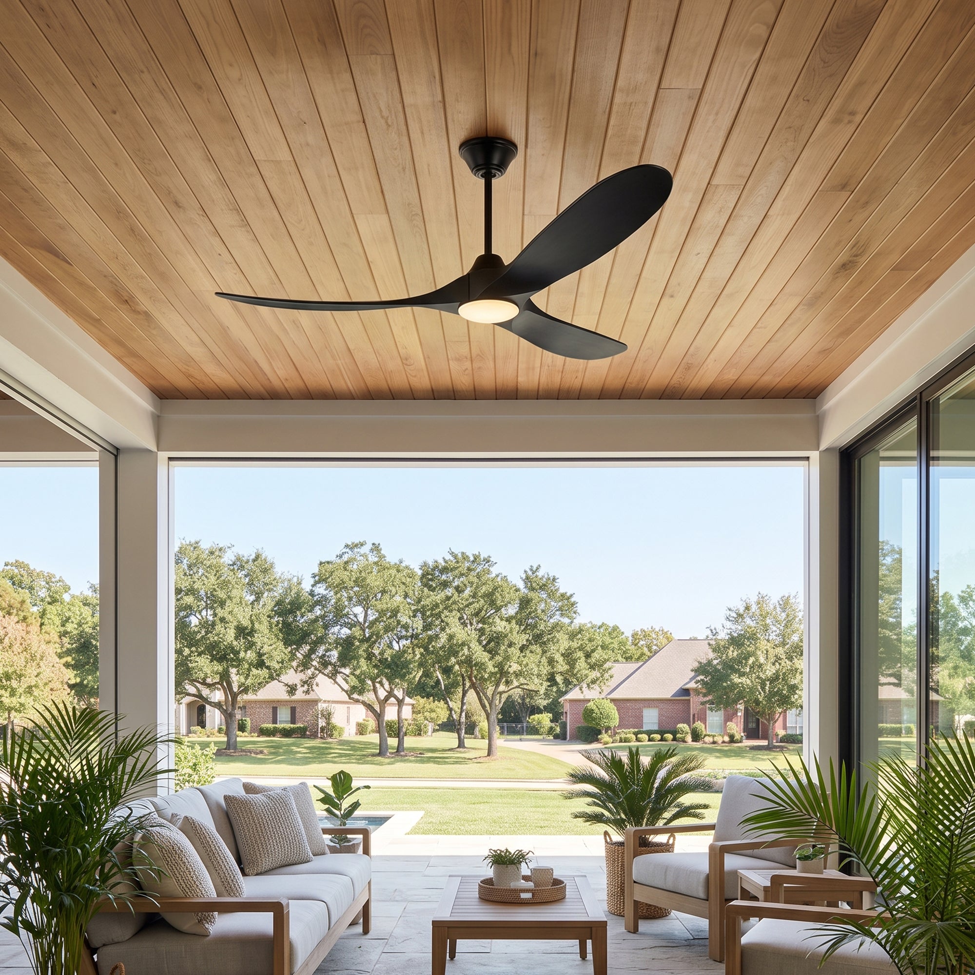 XCWIIE 301L black solid wood ceiling fan in a modern living room3 #black