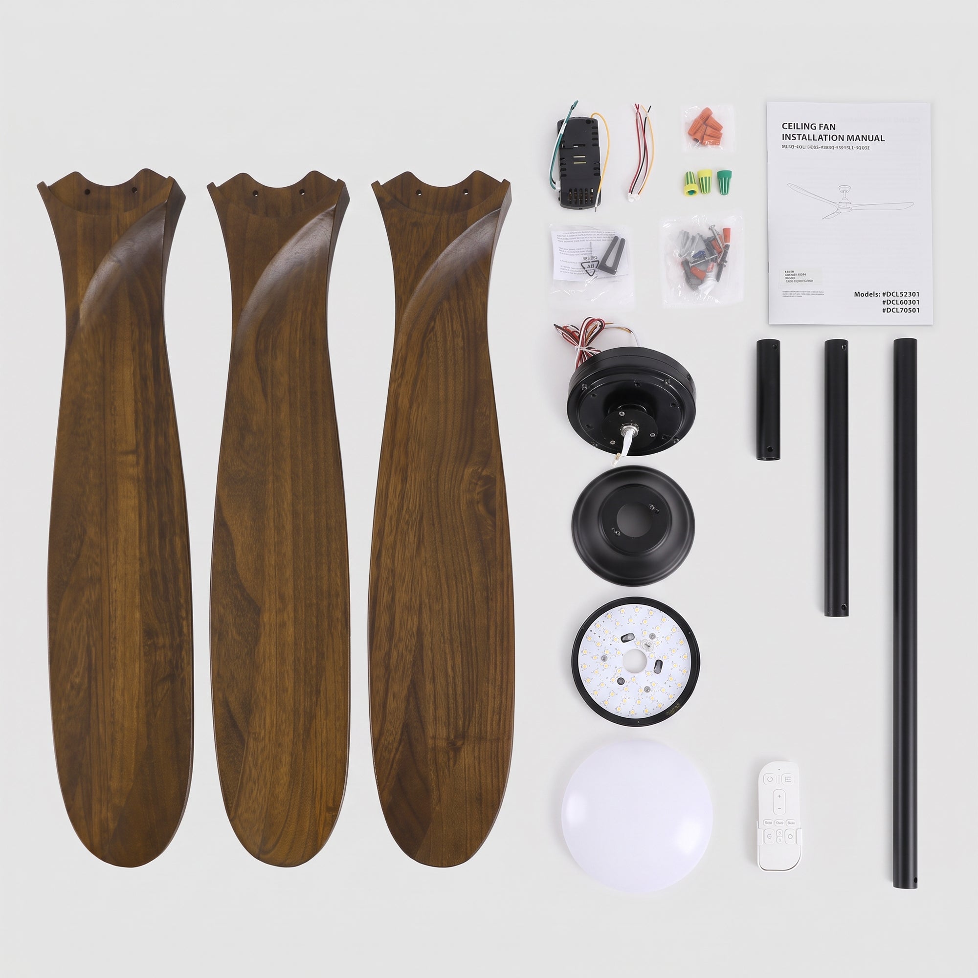 XCWIIE 301L ceiling fan package contents including remote downrods receiver and installation hardware #brown #black #graynickel  
