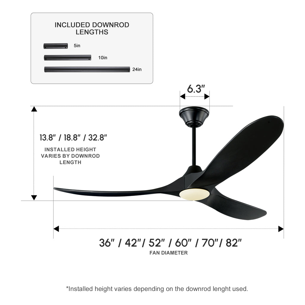 XCWIIE 301L ceiling fan size guide from 36 inch to 82 inch #black