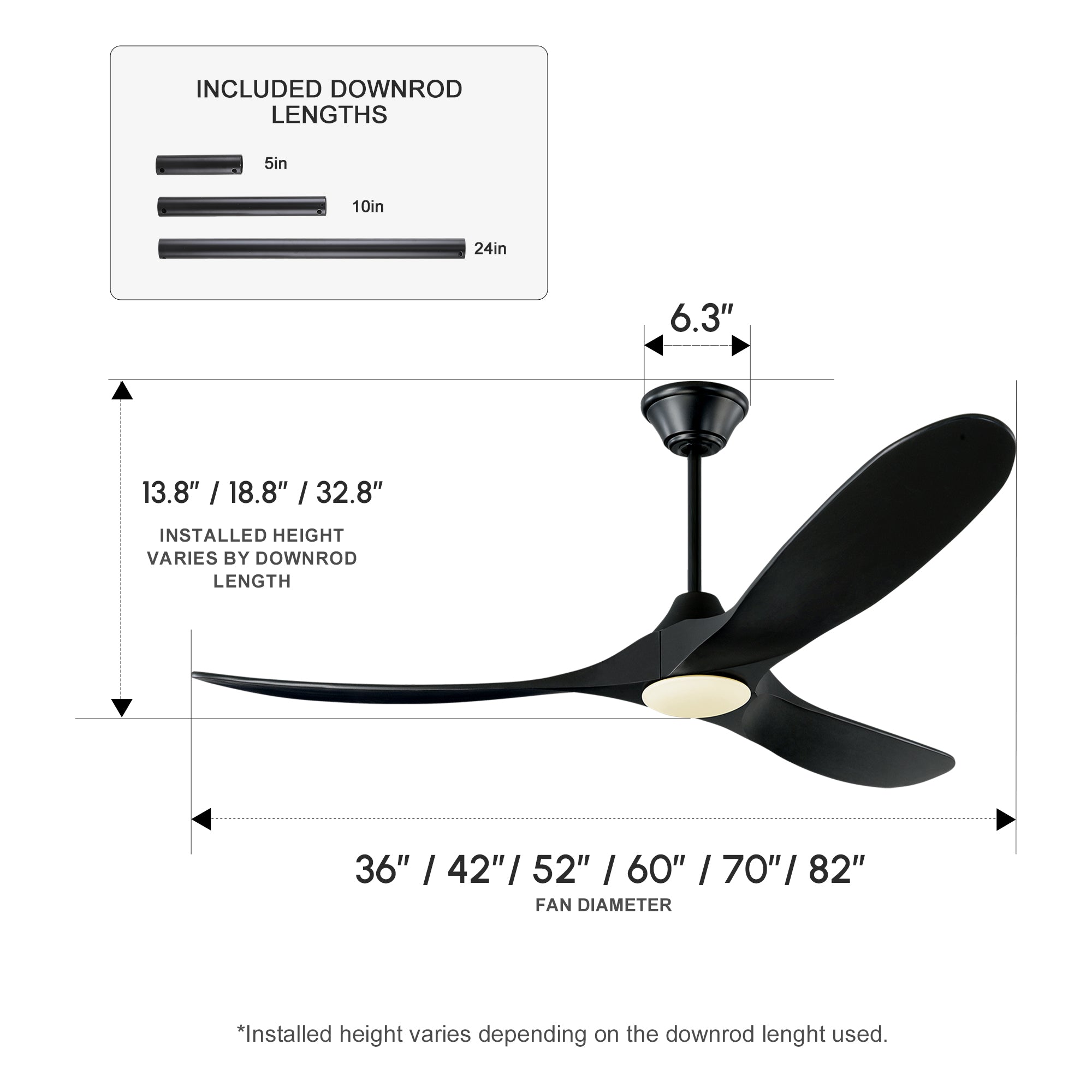 XCWIIE 301L ceiling fan size guide from 36 inch to 82 inch #black
