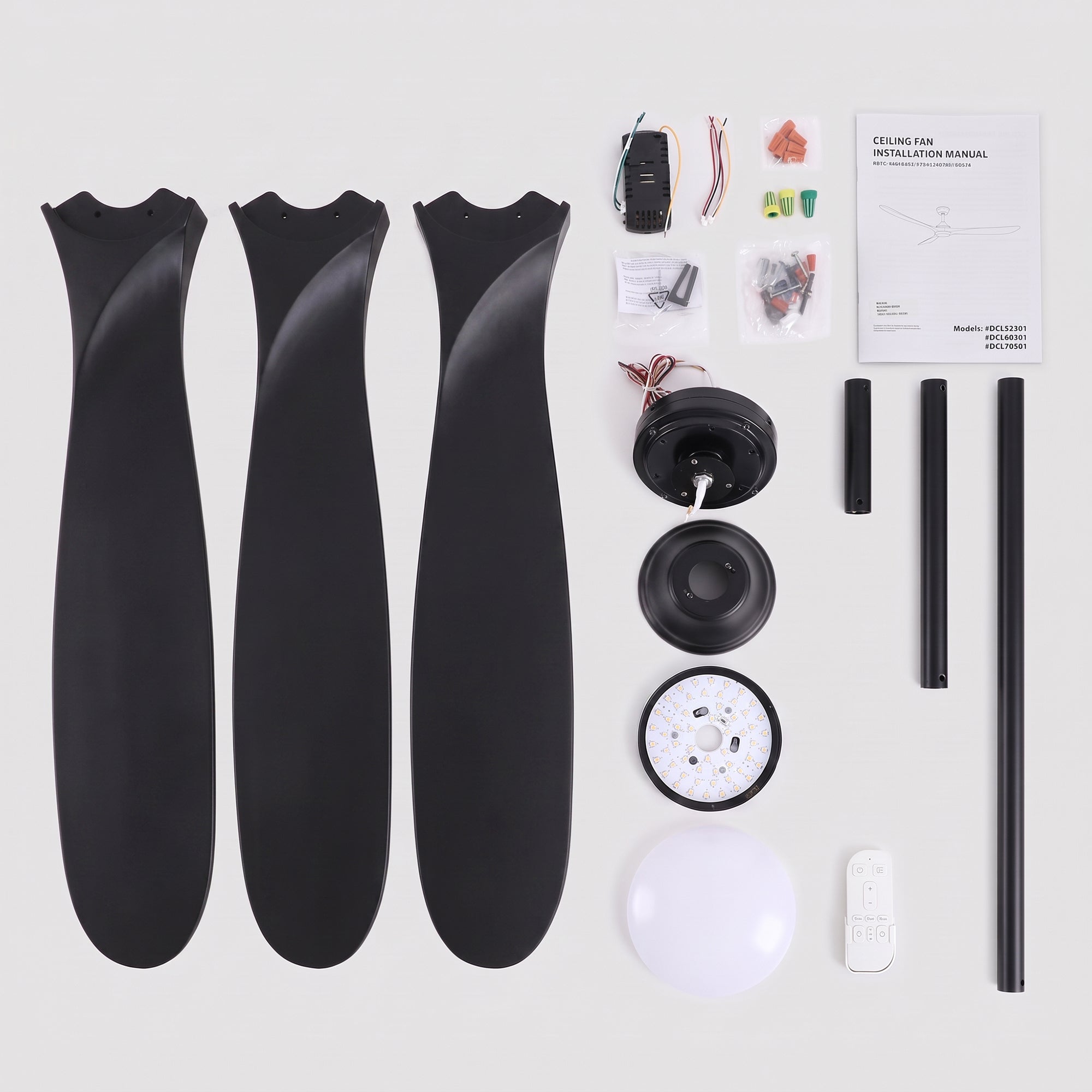 XCWIIE 301L ceiling fan package contents including remote downrods and installation hardware #black