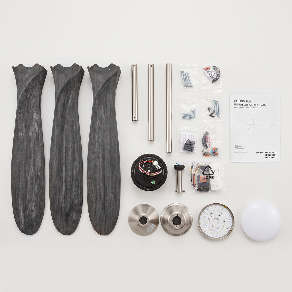 XCWIIE 301L ceiling fan package contents including remote downrods and installation hardware #graynickel