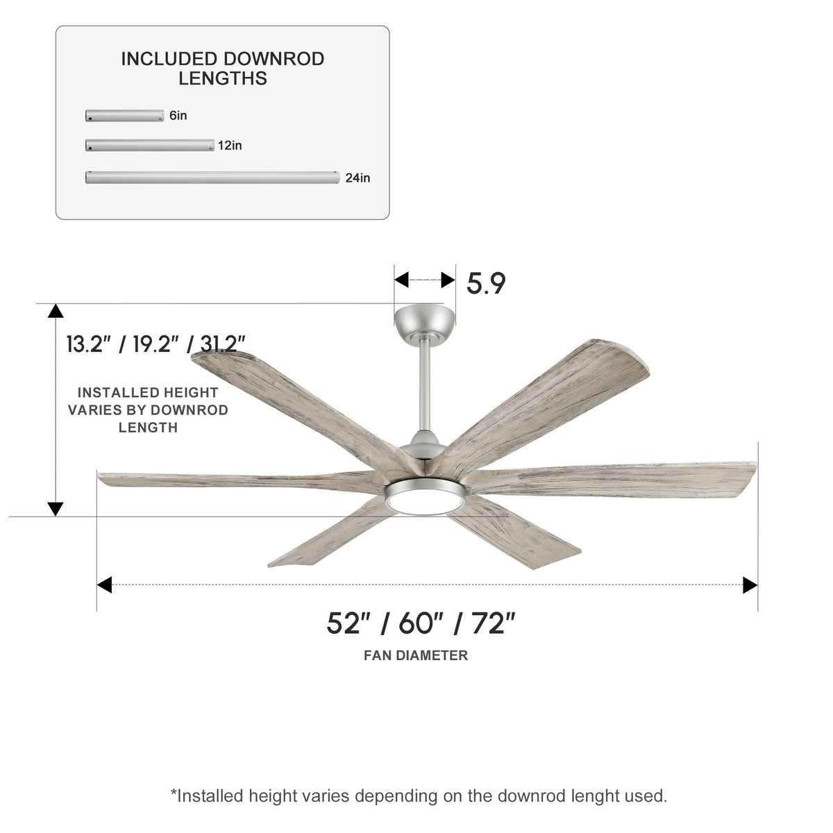 XCWIIE 608 Solid Wood 6-Blade Smart Ceiling Fan with Dimmable LED Light