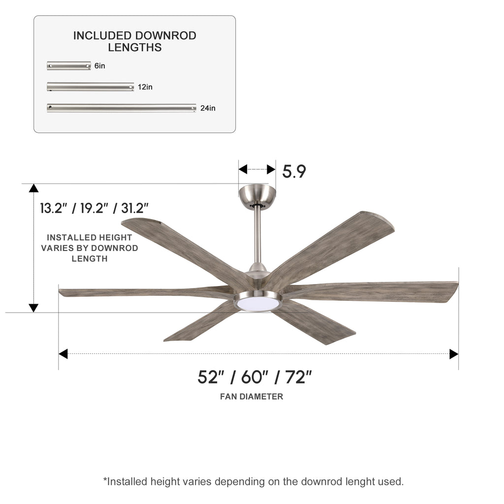 XCWIIE 608 Solid Wood 6-Blade Smart Ceiling Fan with Dimmable LED Light