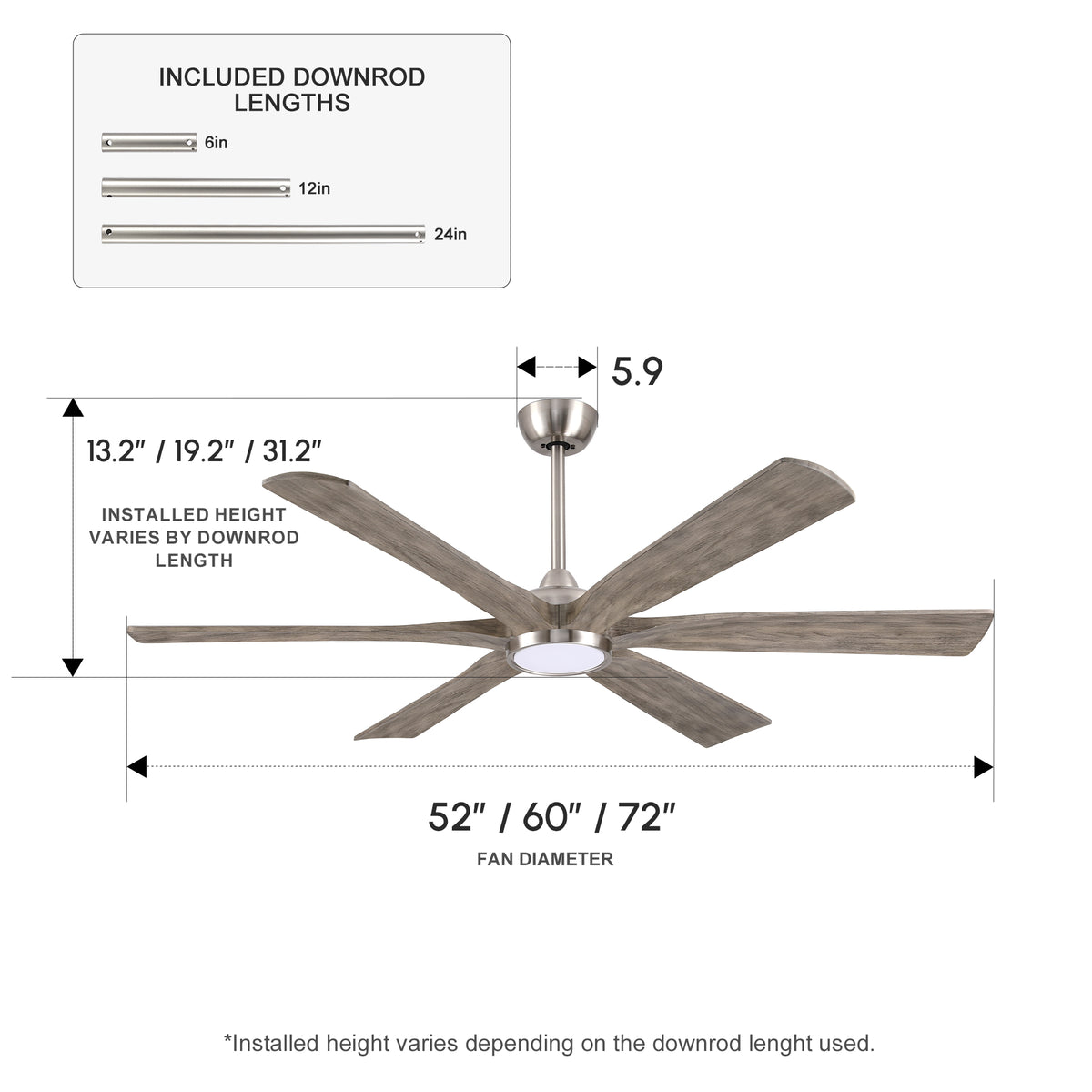 XCWIIE 608 Solid Wood 6-Blade Smart Ceiling Fan with Dimmable LED Light