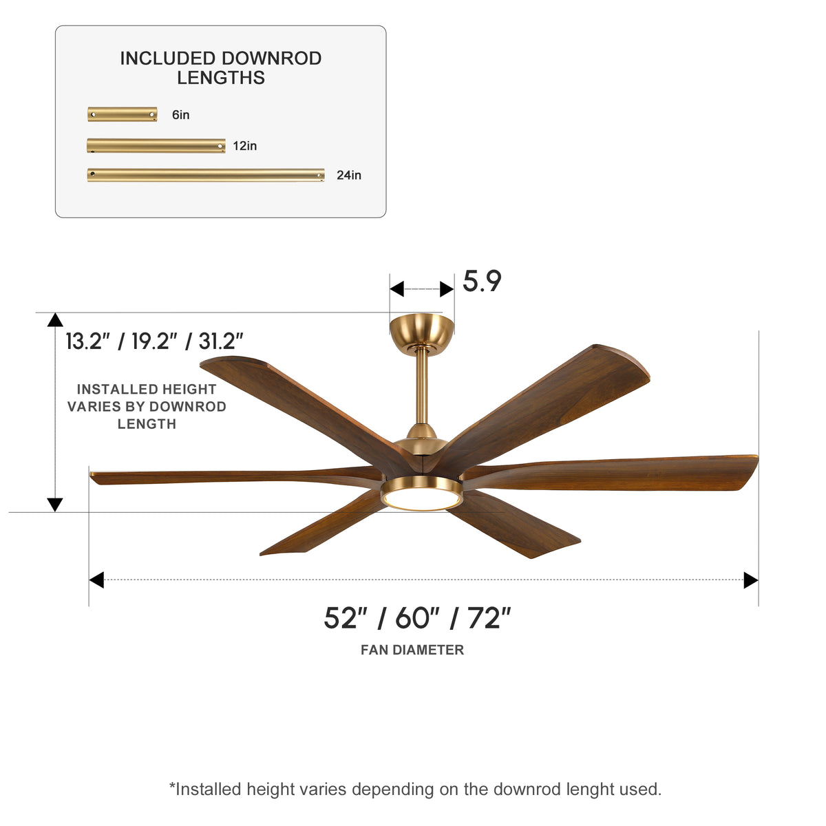 XCWIIE 608 Solid Wood 6-Blade Smart Ceiling Fan with Dimmable LED Light
