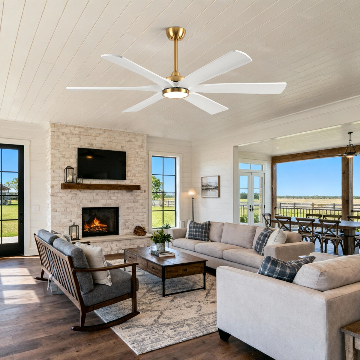 XCWIIE 608 Solid Wood 6-Blade Smart Ceiling Fan with Dimmable LED Light