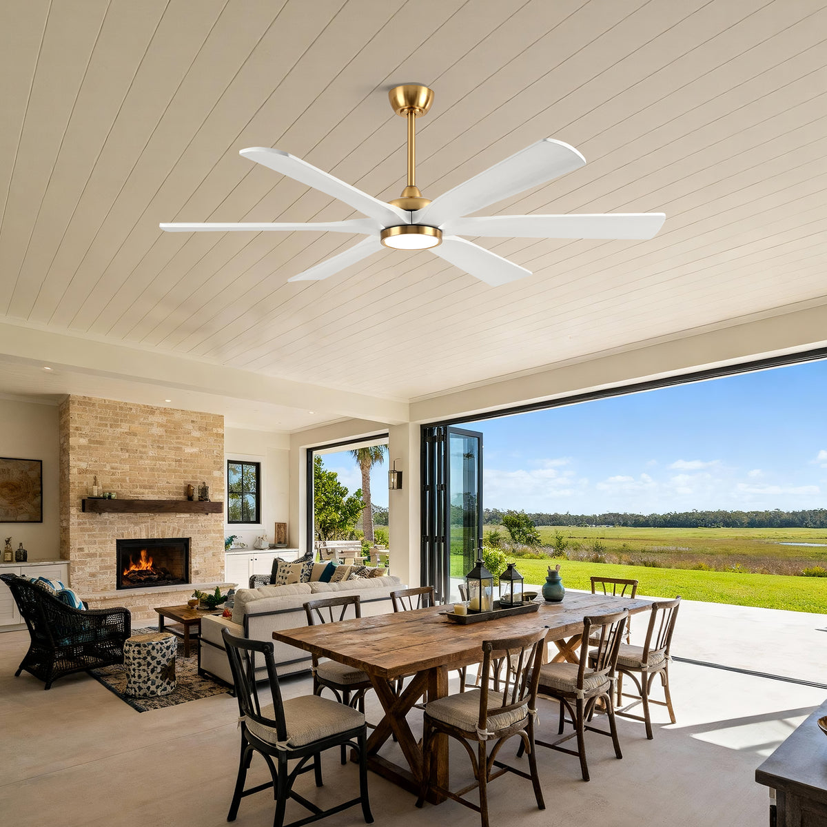 XCWIIE 608 Solid Wood 6-Blade Smart Ceiling Fan with Dimmable LED Light