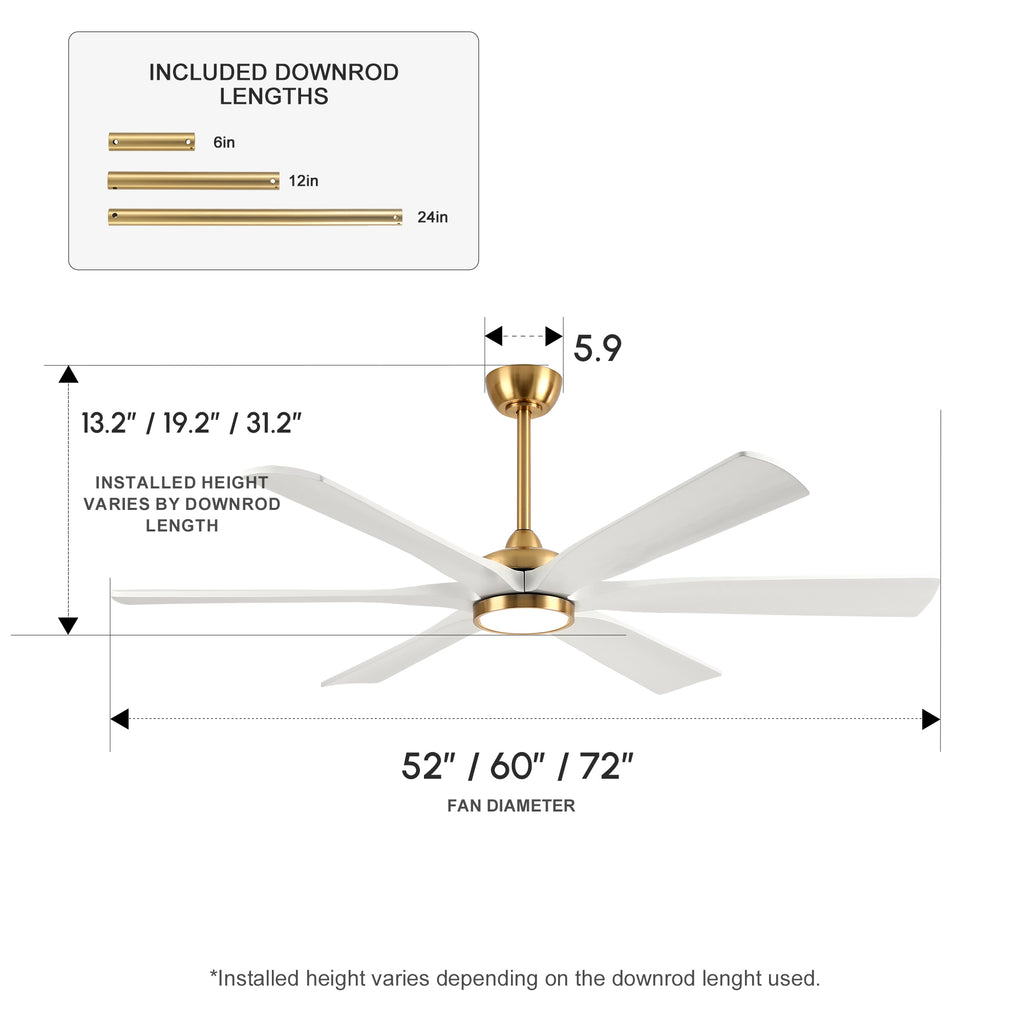 XCWIIE 608 Solid Wood 6-Blade Smart Ceiling Fan with Dimmable LED Light