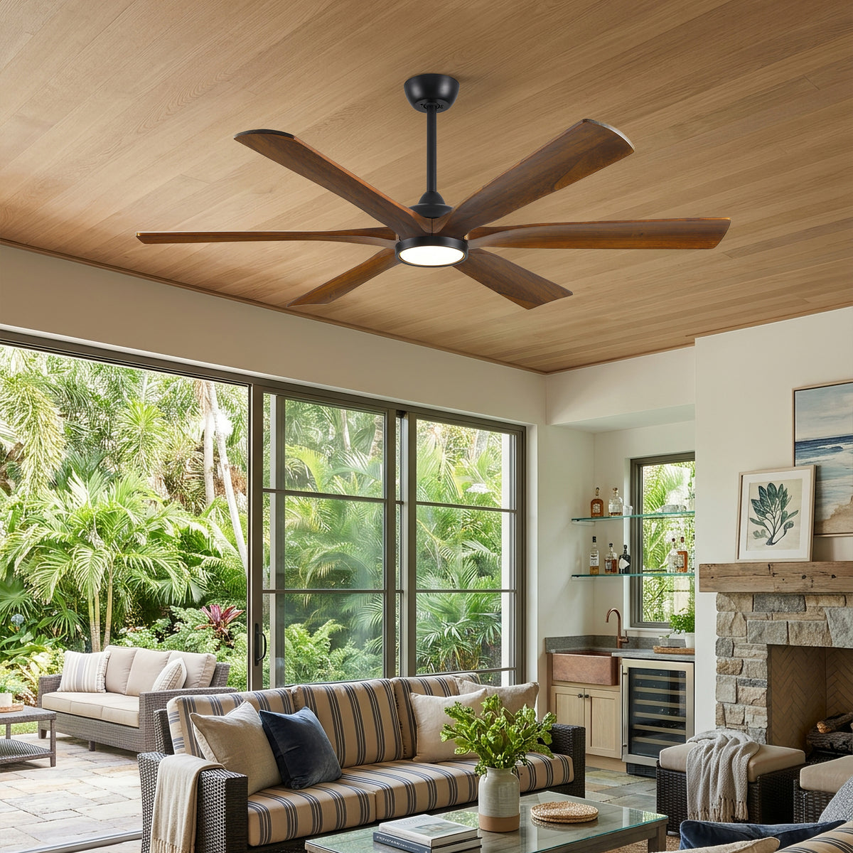 XCWIIE 608 Solid Wood 6-Blade Smart Ceiling Fan with Dimmable LED Light
