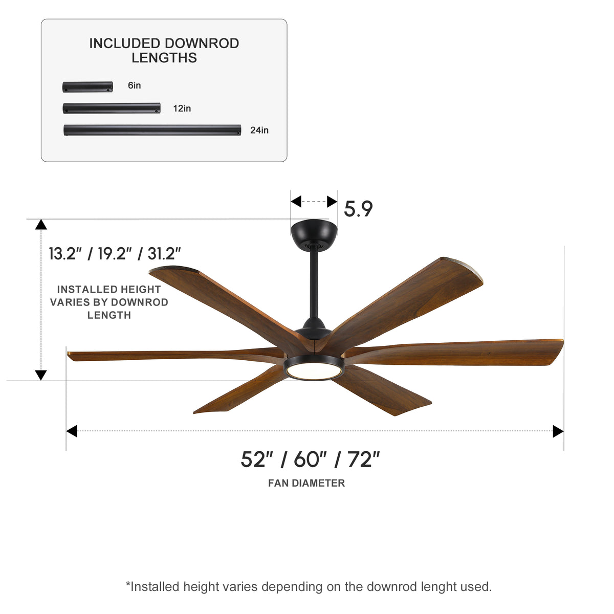 XCWIIE 608 Solid Wood 6-Blade Smart Ceiling Fan with Dimmable LED Light