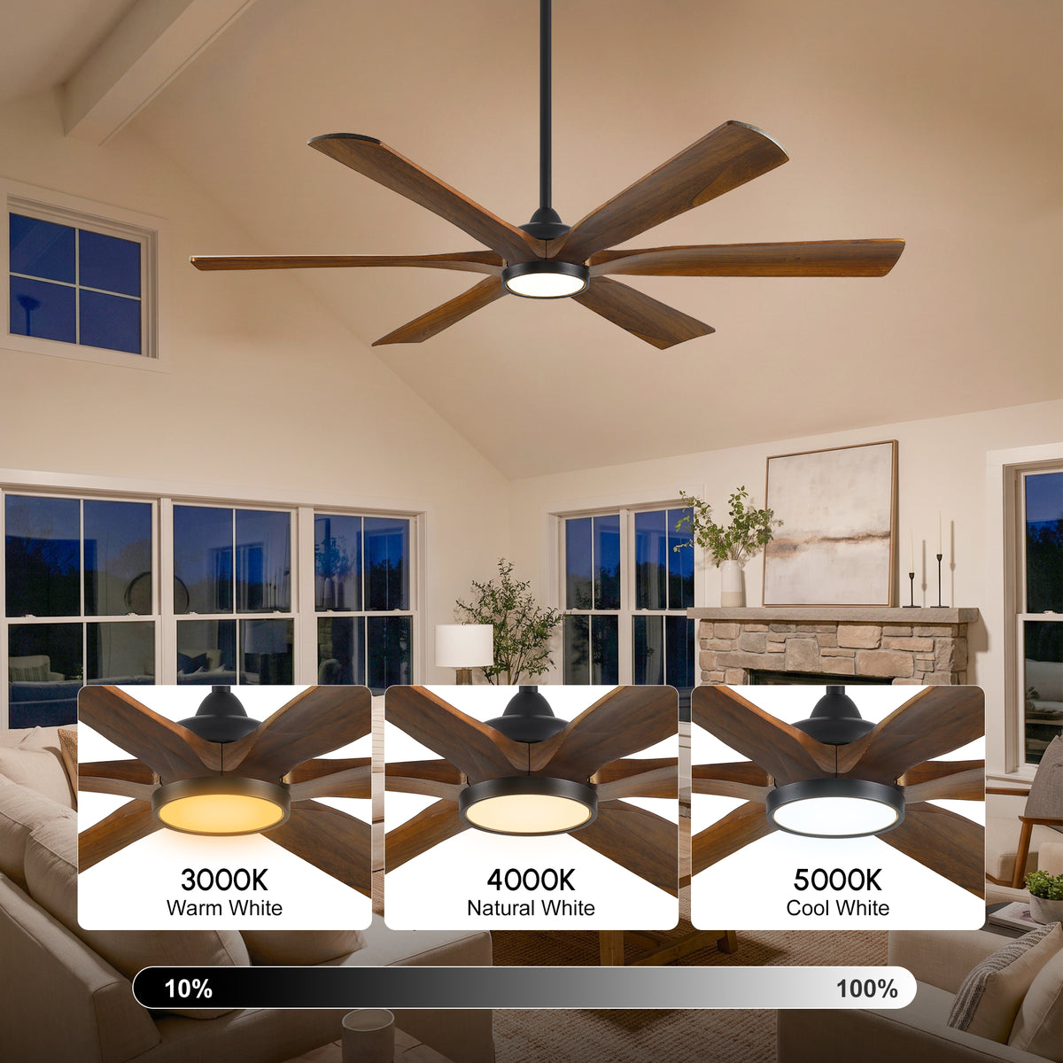 XCWIIE 608 Solid Wood 6-Blade Smart Ceiling Fan with Dimmable LED Light