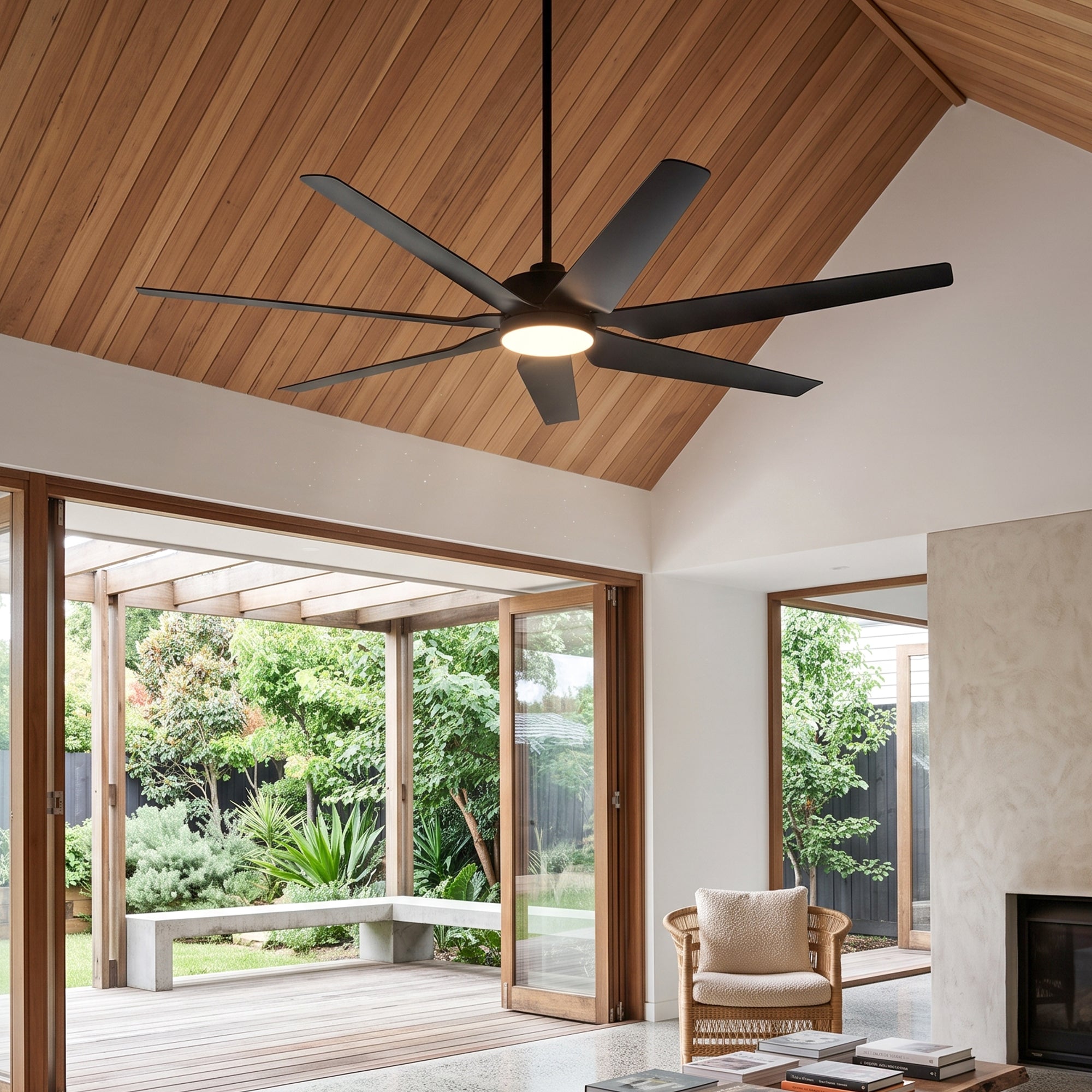 Black 65 inch smart ceiling fan with light for large room lifestyle scene #black