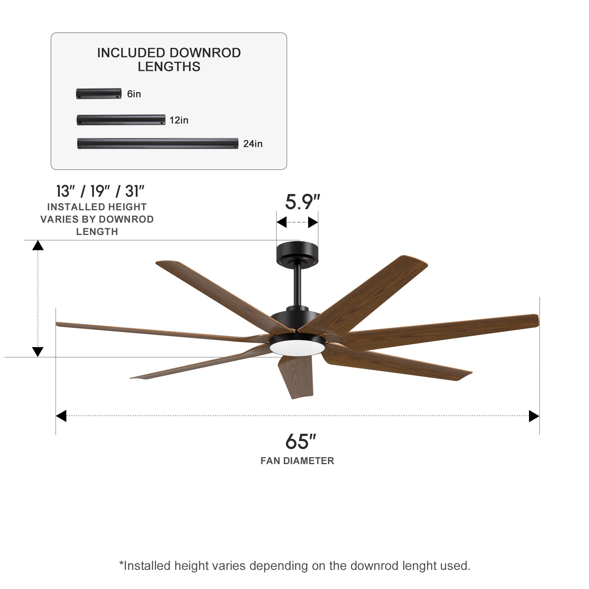 XCWIIE 703 walnut-finished ABS 65 inch ceiling fan dimensions diagram #walnut
