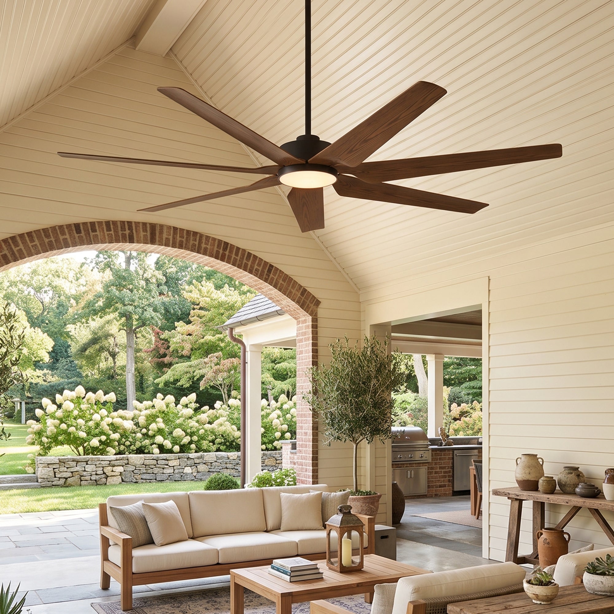 XCWIIE 703 walnut-finished ABS high airflow ceiling fan with light in lifestyle room scene #woodgrain