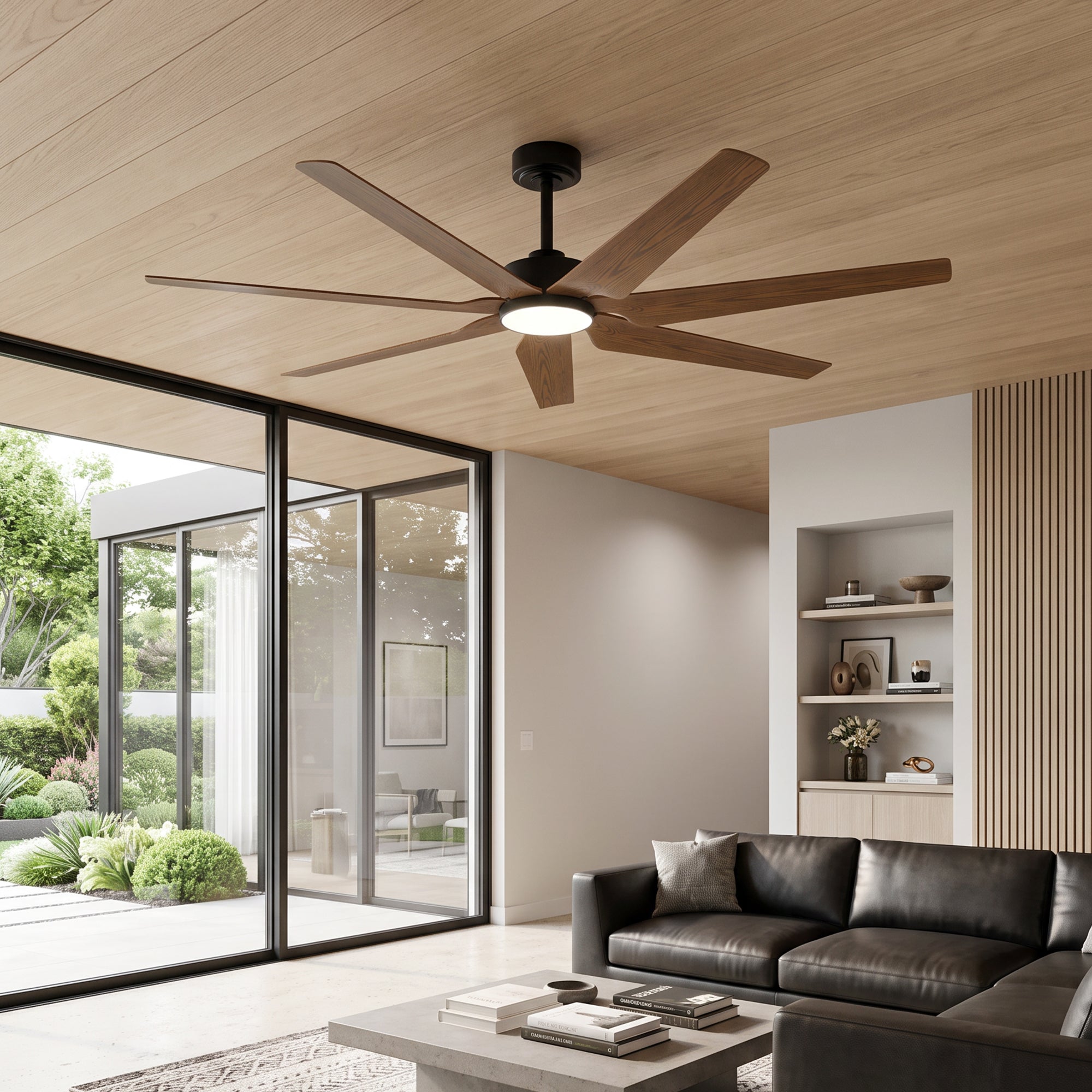 XCWIIE 703 walnut-finished ABS smart ceiling fan with light in home lifestyle scene #woodgrain