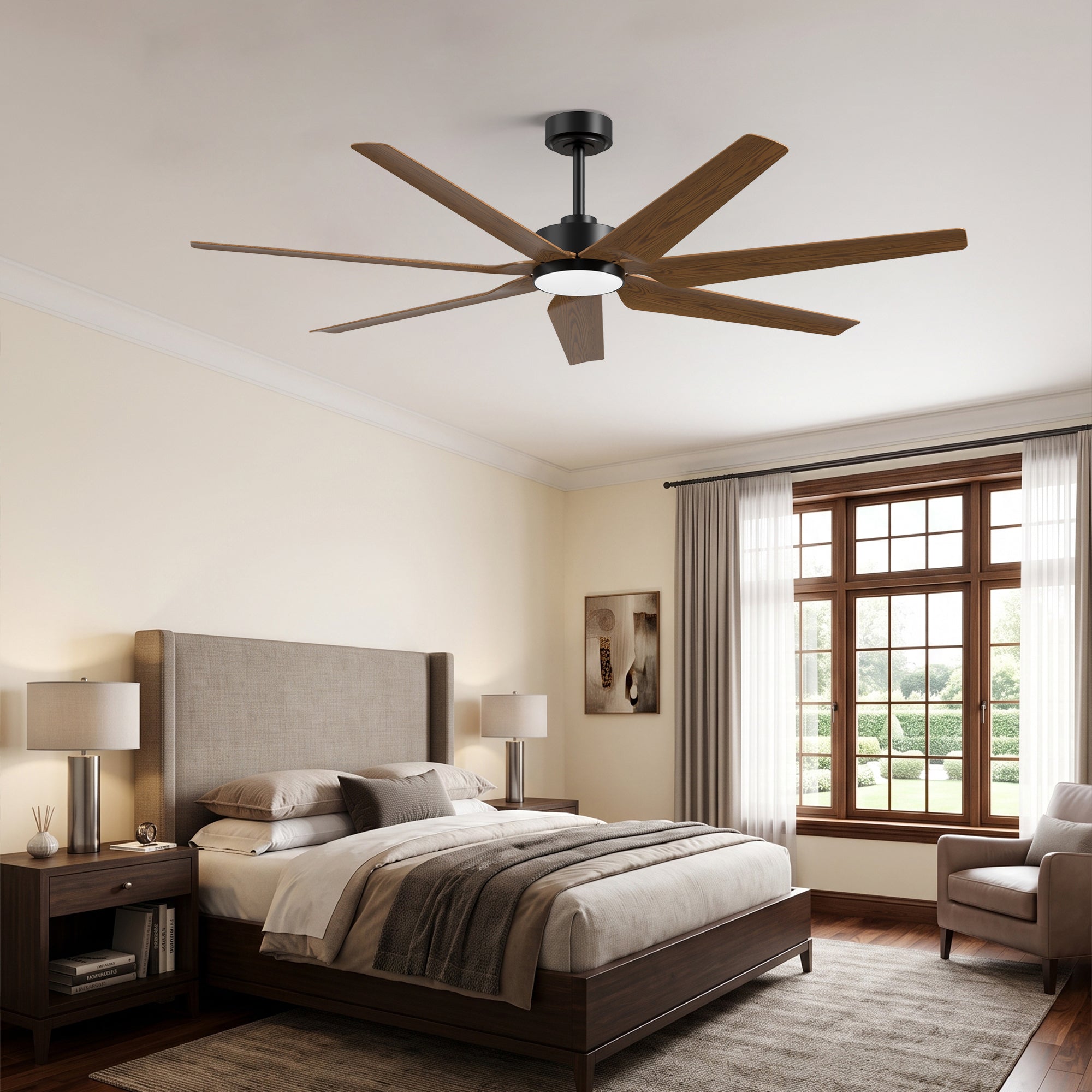 Walnut-finished ABS 65 inch smart ceiling fan with light for warm room lifestyle scene #woodgrain