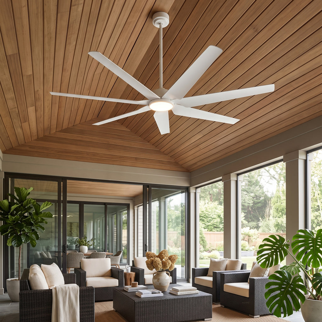 White 65 inch smart ceiling fan with light for bright room lifestyle scene #white