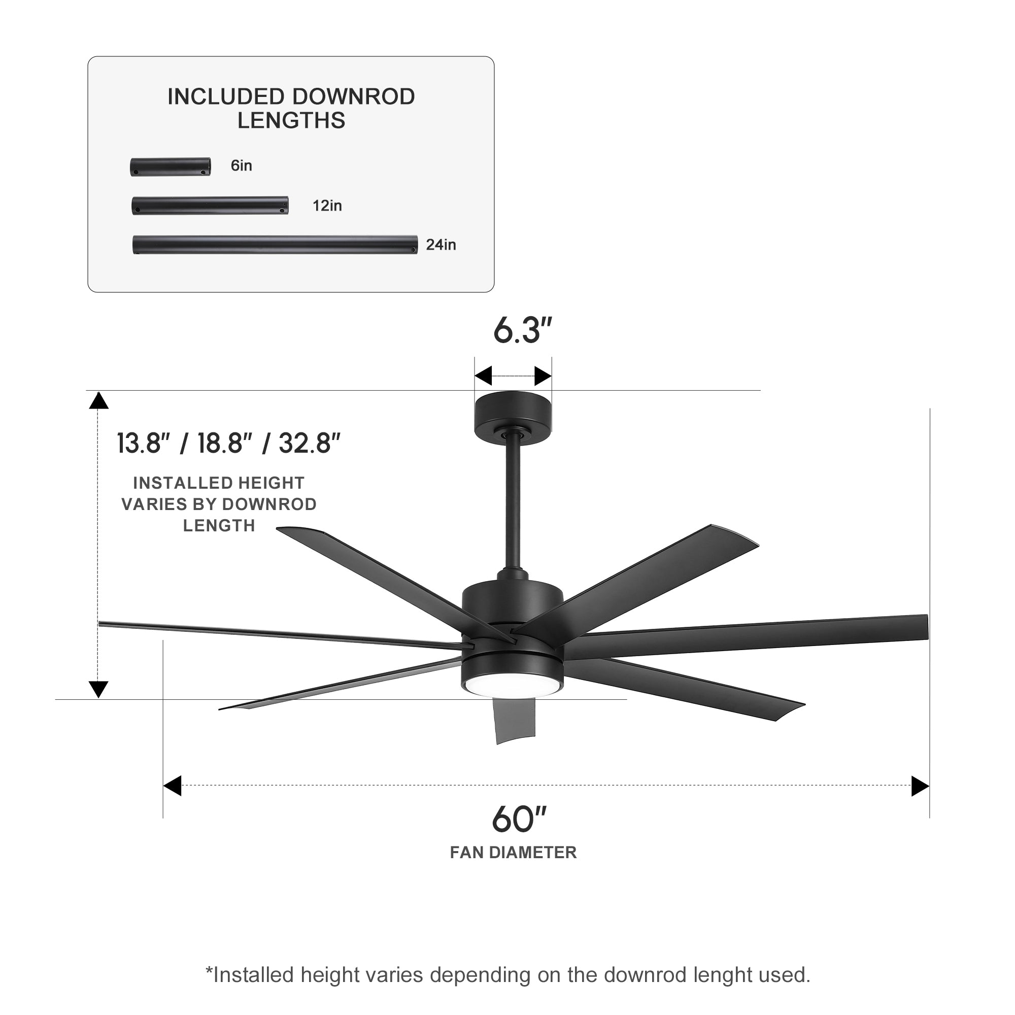 XCWIIE 705 black 56-inch outdoor ceiling fan dimensions and installation measurements #black