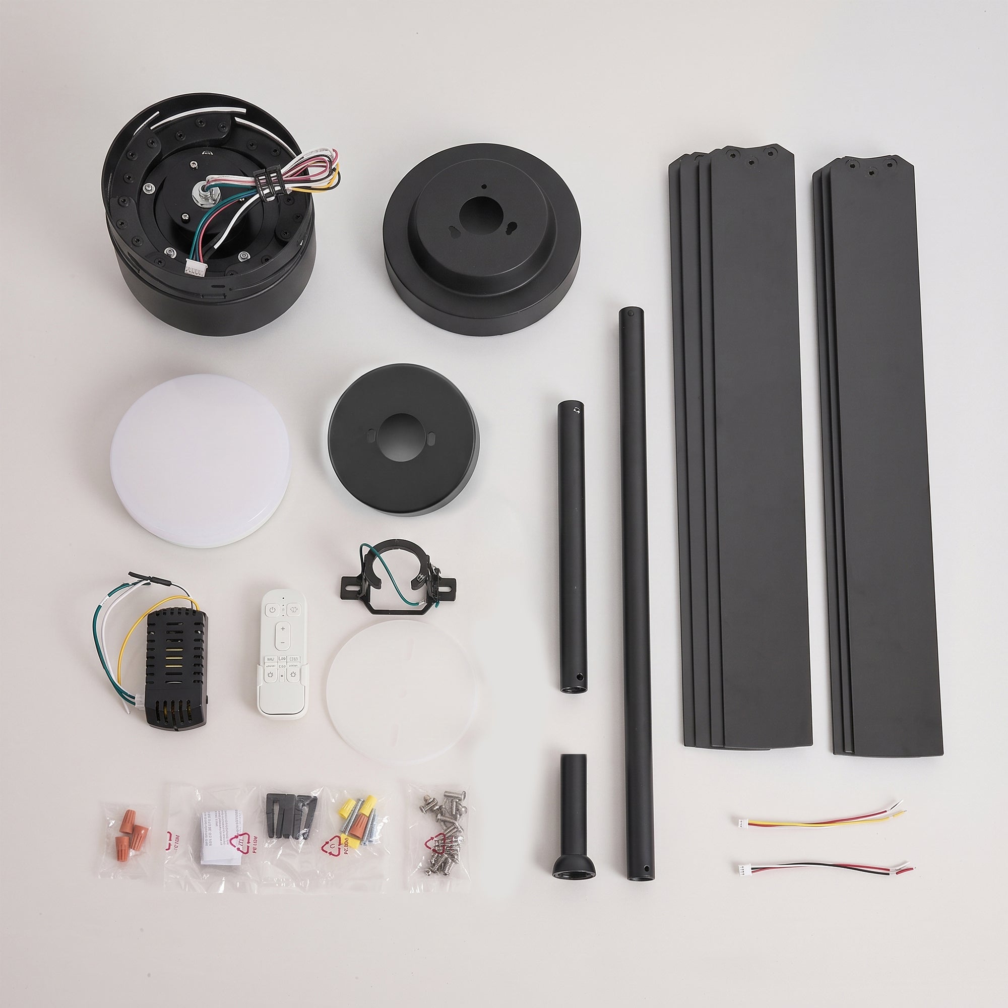XCWIIE 705 black outdoor ceiling fan package contents with remote, downrods, and installation accessories #black