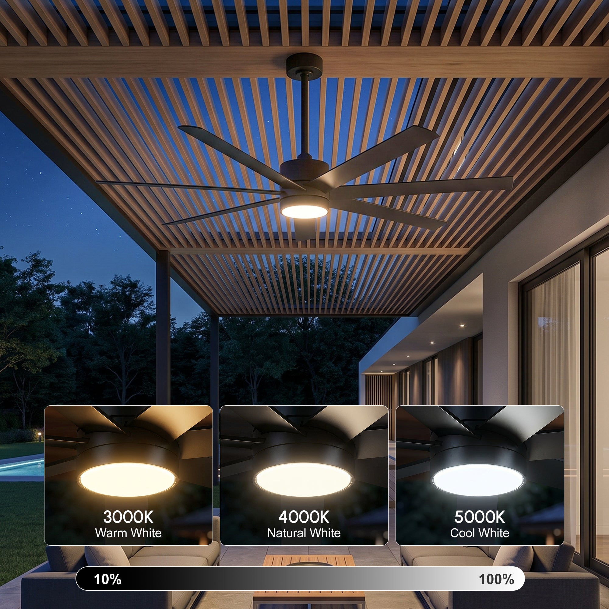 XCWIIE 705 black outdoor ceiling fan showing dimmable LED lighting and three color temperatures #black