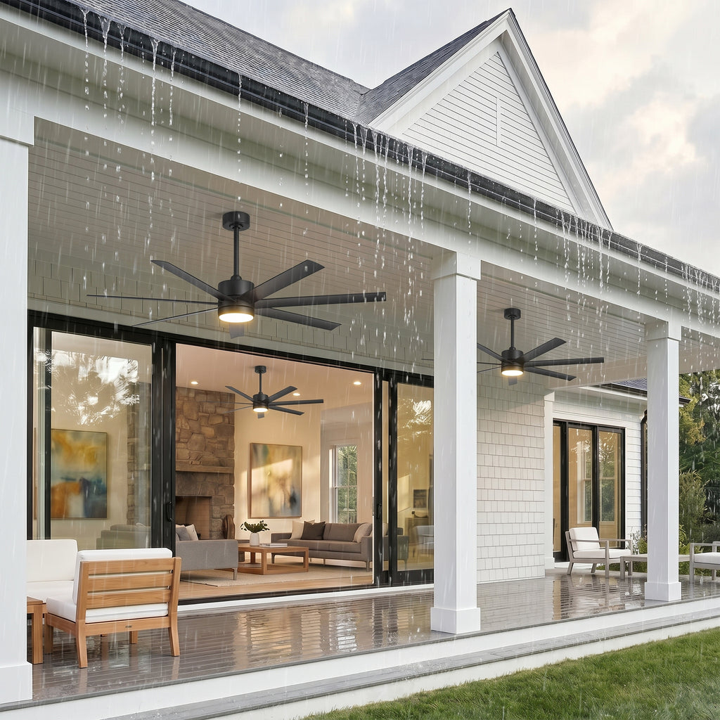 XCWIIE 705 black wet-rated ceiling fan providing airflow in a modern outdoor area #black