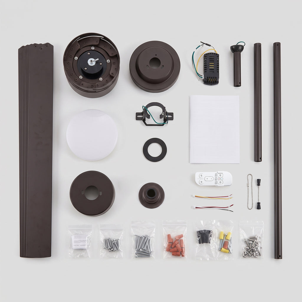 XCWIIE 705 bronze outdoor ceiling fan package contents with remote, downrods, and installation accessories #bronze