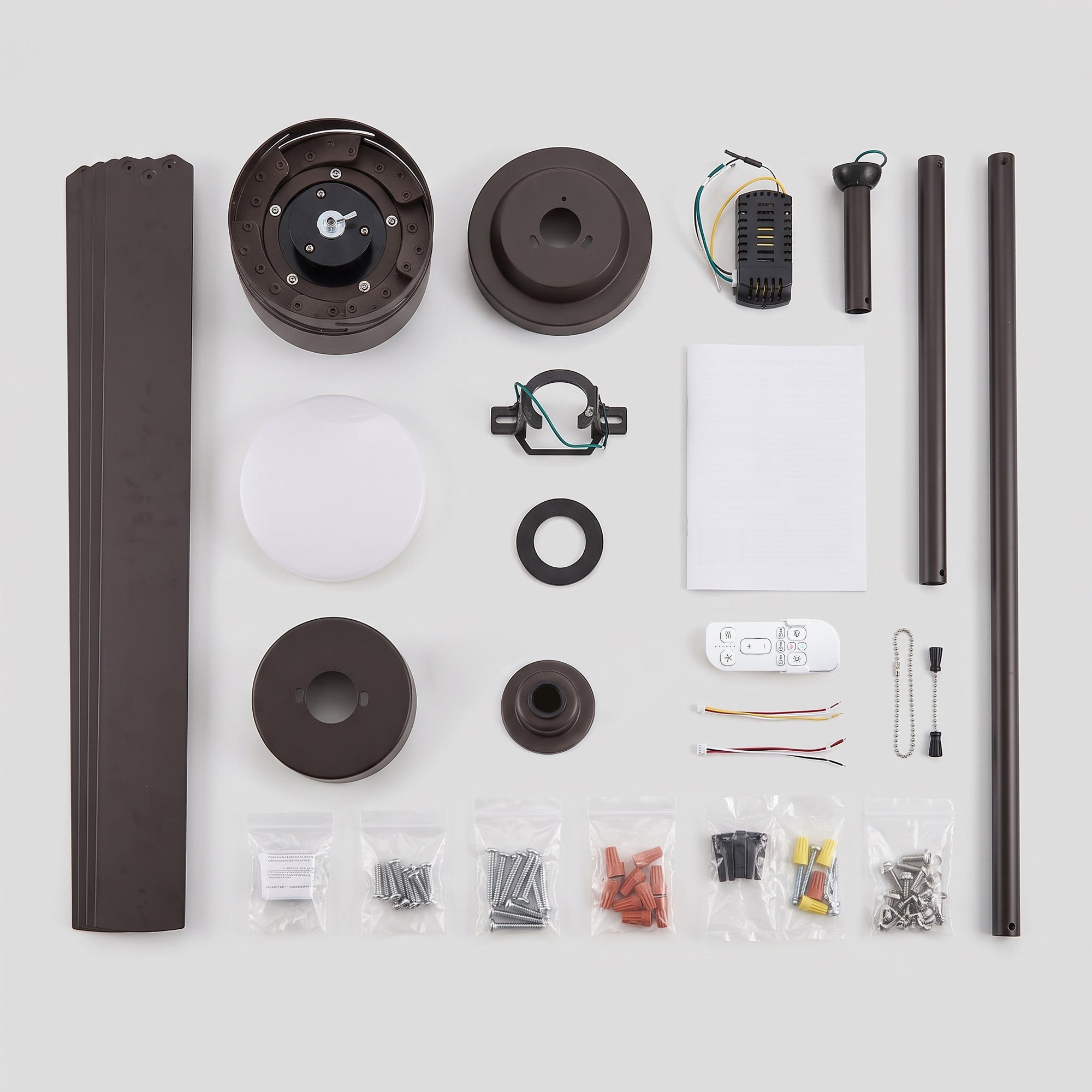 XCWIIE 705 bronze outdoor ceiling fan package contents with remote, downrods, and installation accessories #bronze
