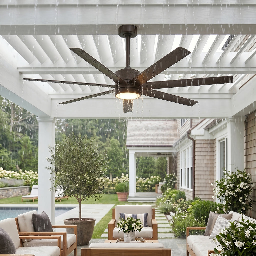 XCWIIE 705 bronze wet-rated ceiling fan providing airflow in an outdoor area #bronze