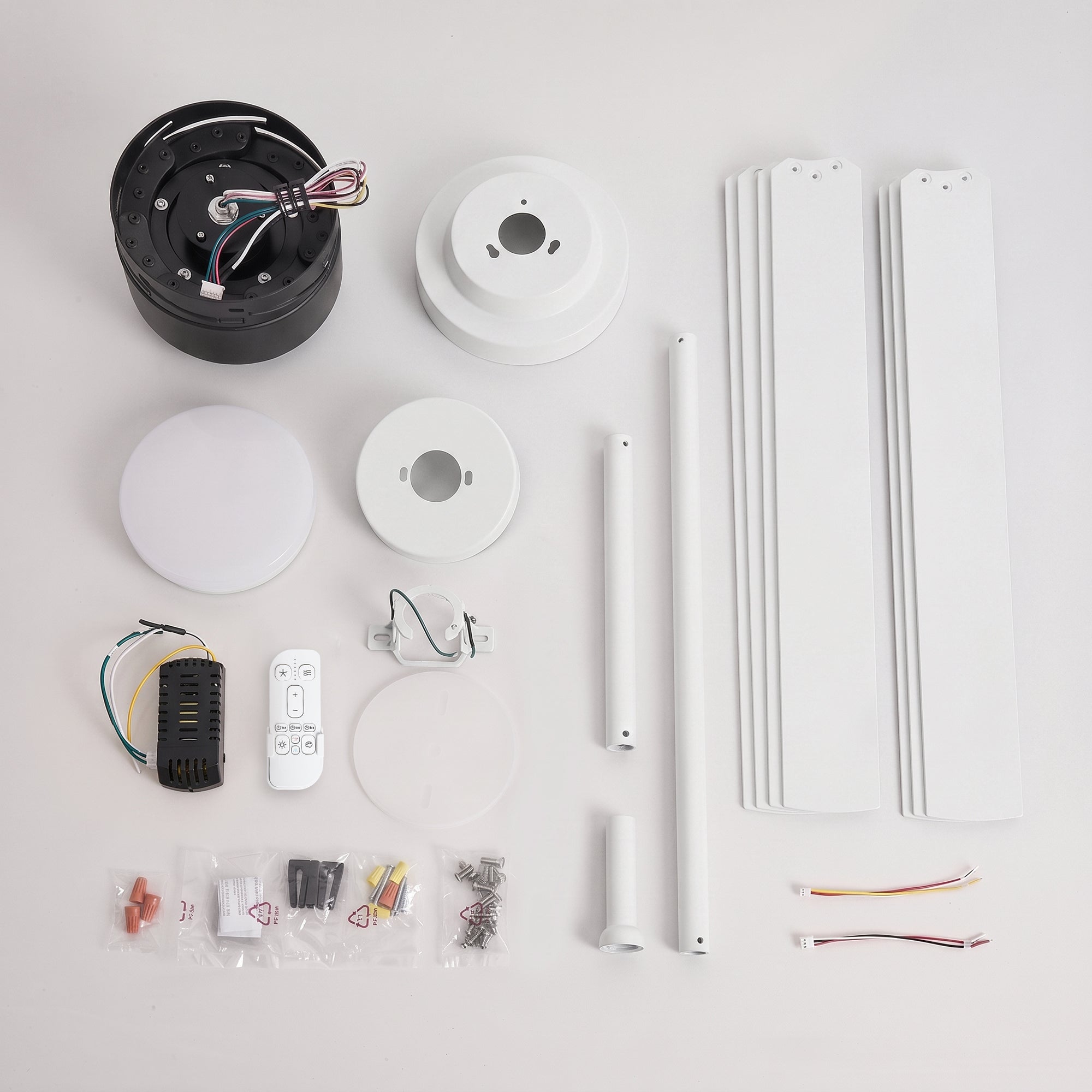 XCWIIE 705 white outdoor ceiling fan package contents with remote, downrods, and installation accessories #white