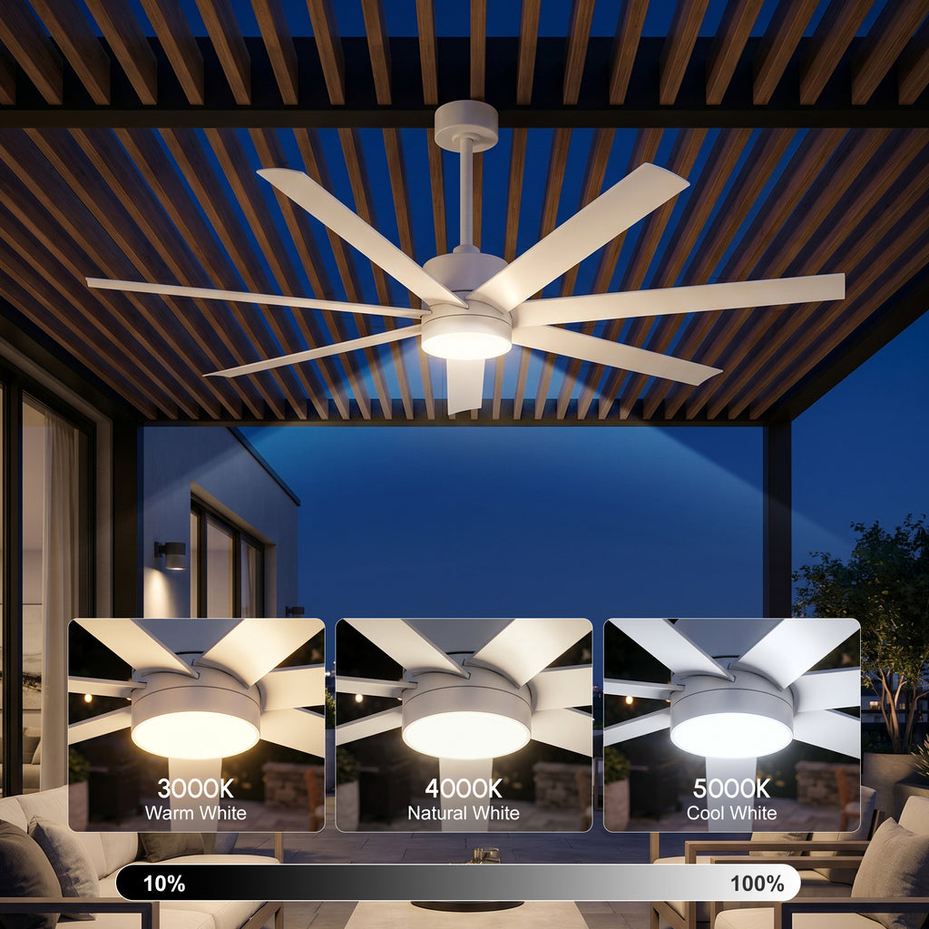 XCWIIE 705 white outdoor ceiling fan showing dimmable LED lighting and three color temperatures #white