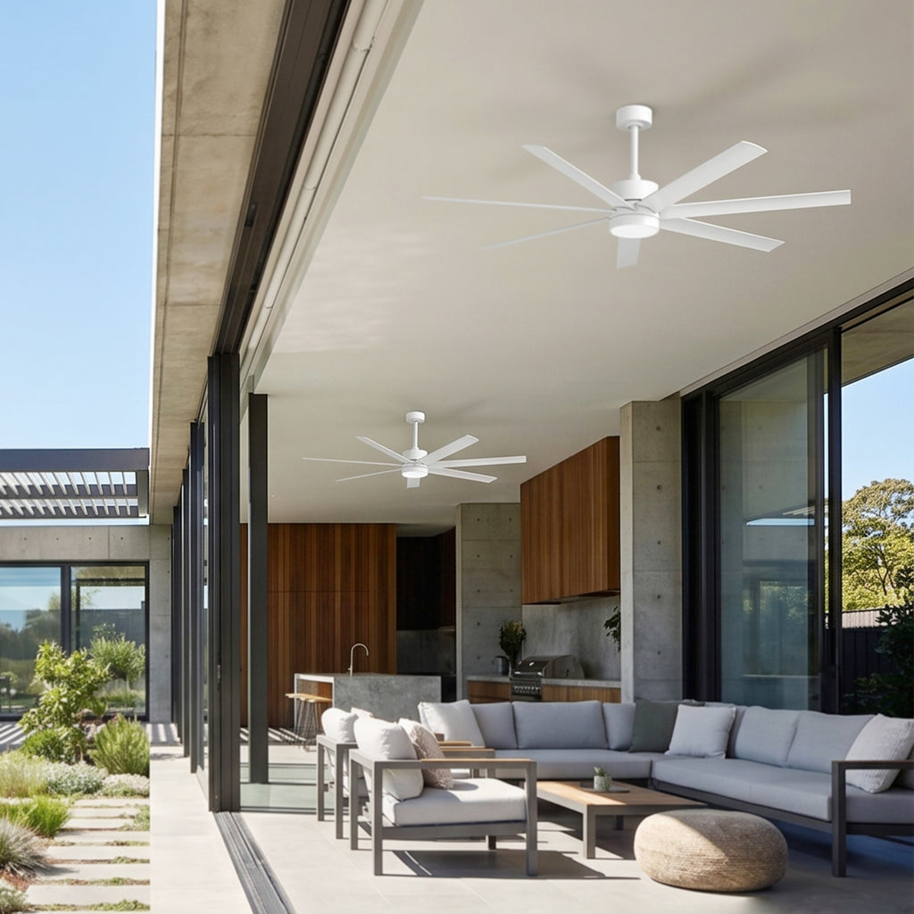 XCWIIE 705 white outdoor ceiling fan with light installed in an outdoor living space #white