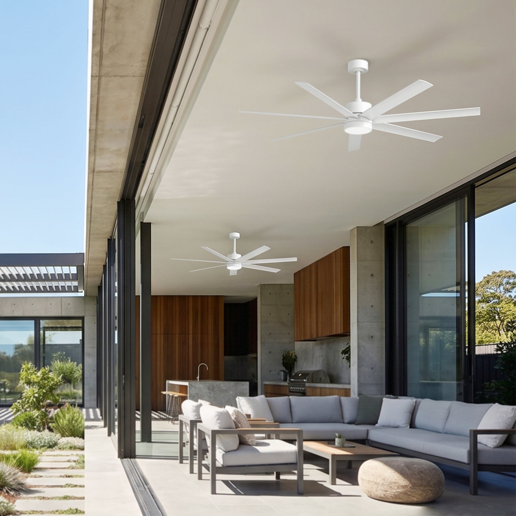 XCWIIE 705 white outdoor ceiling fan with light installed in an outdoor living space #white
