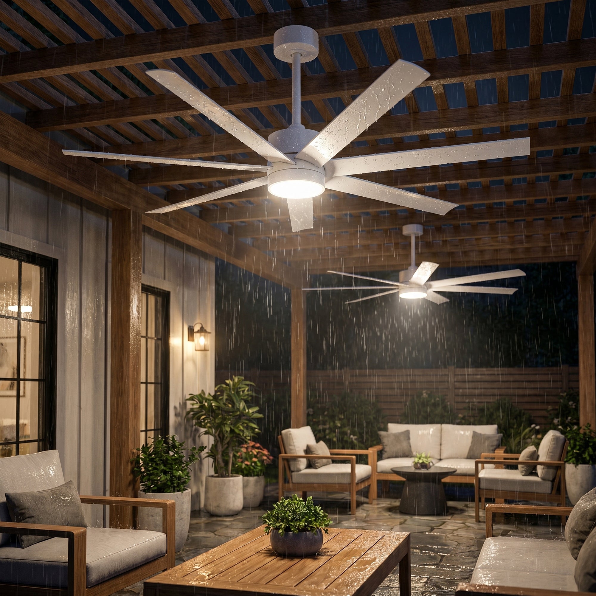 XCWIIE 705 white wet-rated ceiling fan providing airflow in a bright outdoor area #white