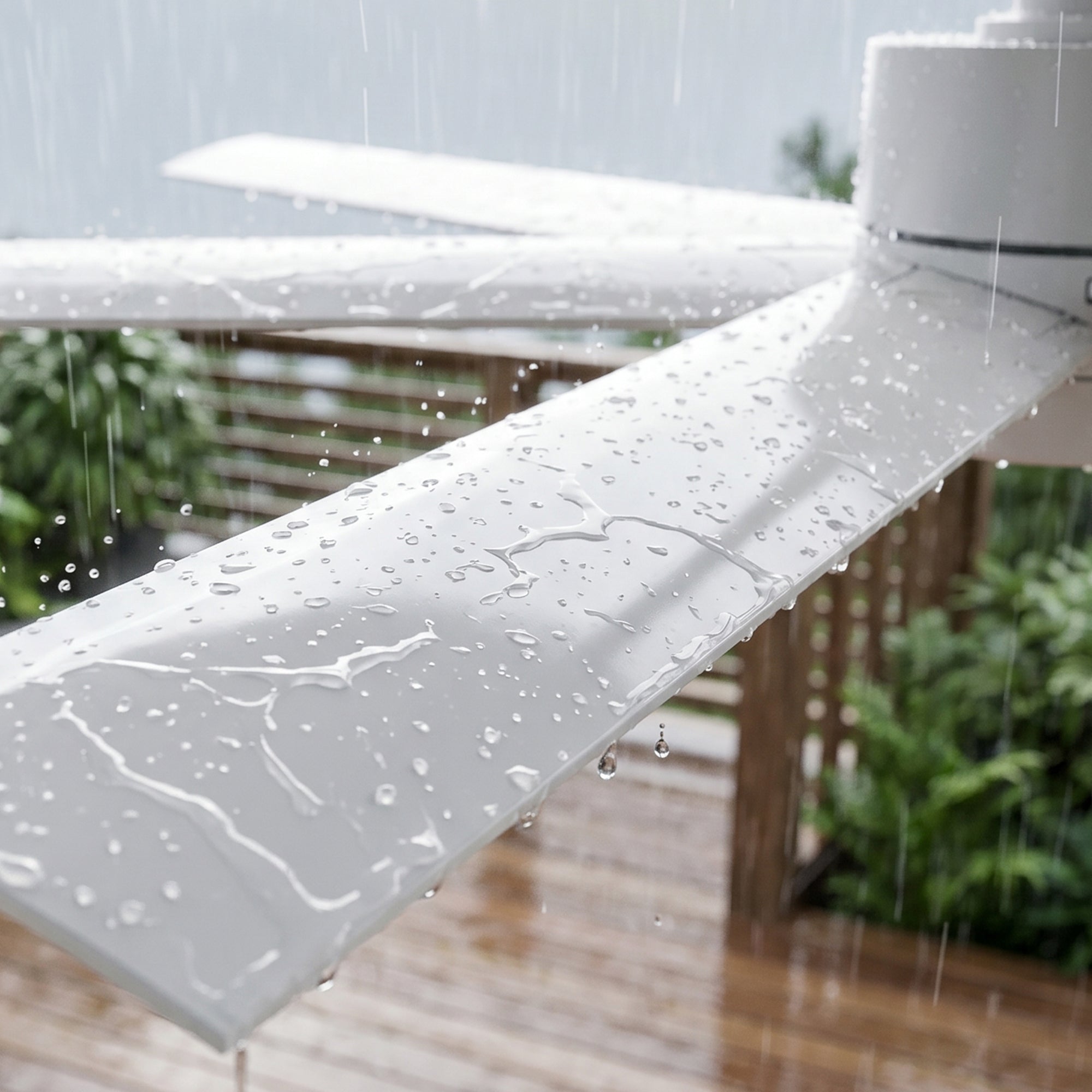 Close-up of white UV-coated ABS blades on the XCWIIE 705 outdoor ceiling fan #white