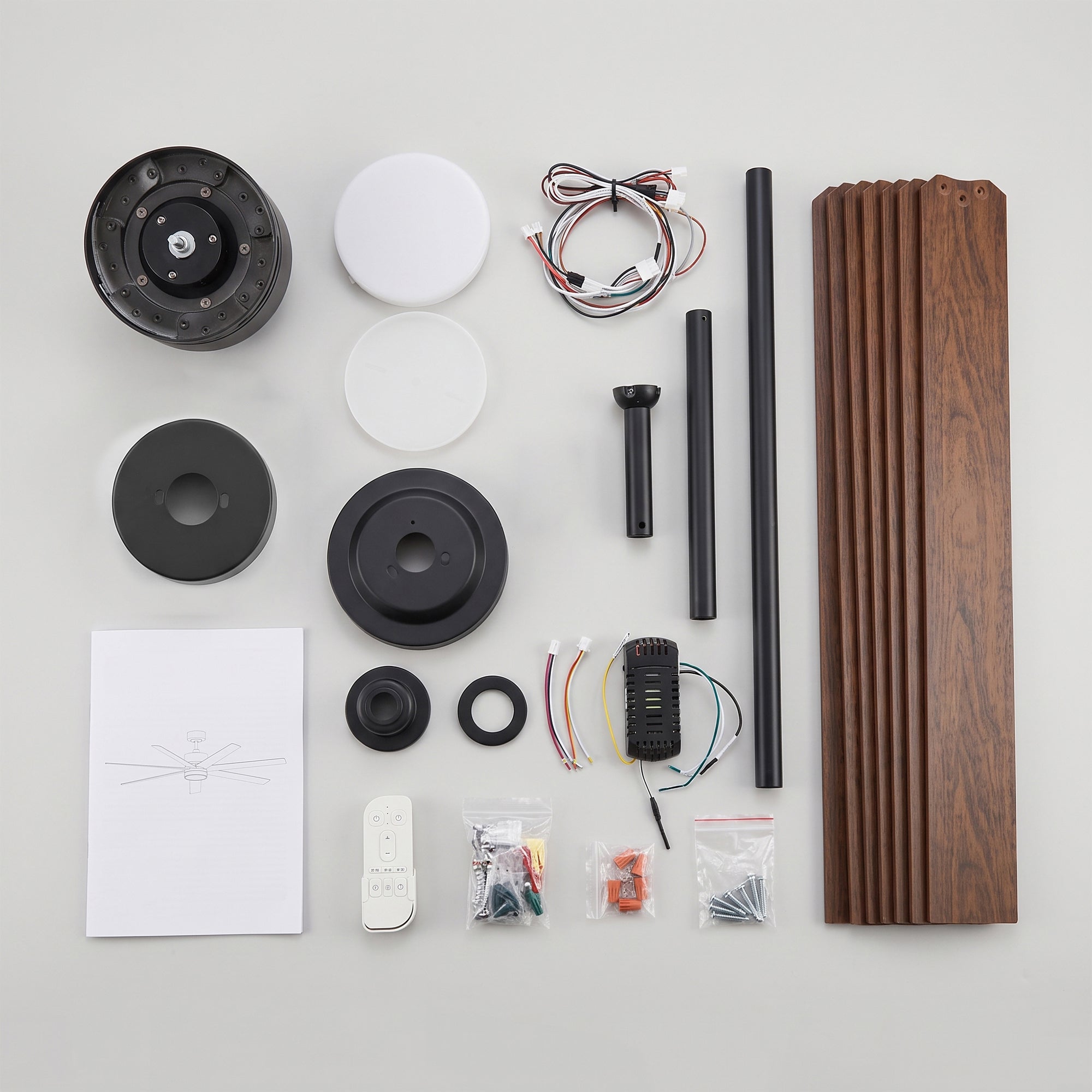 XCWIIE 705 wood grain outdoor ceiling fan package contents with remote, downrods, and installation accessories #woodgrain