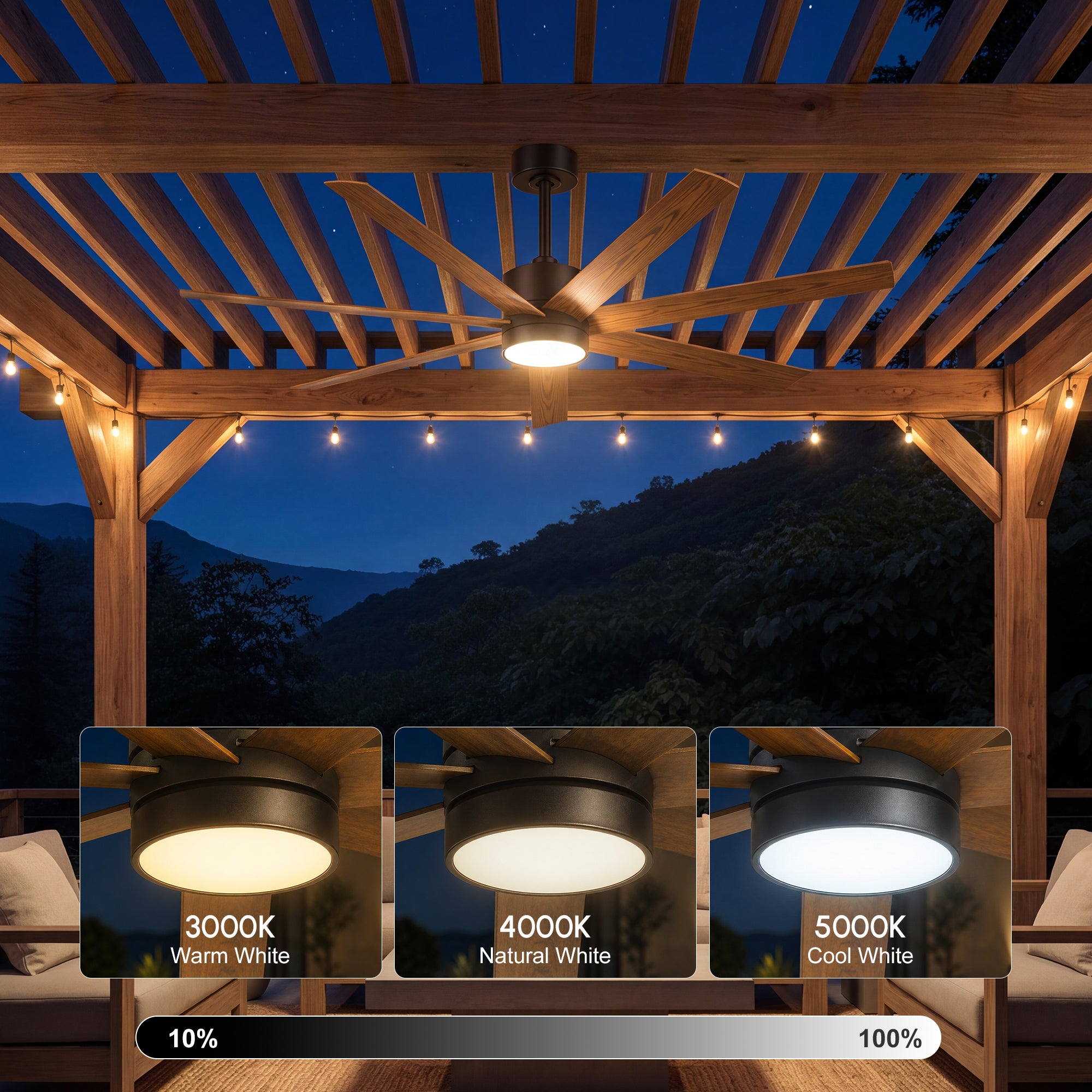 XCWIIE 705 wood grain outdoor ceiling fan showing dimmable LED lighting and three color temperatures #woodgrain