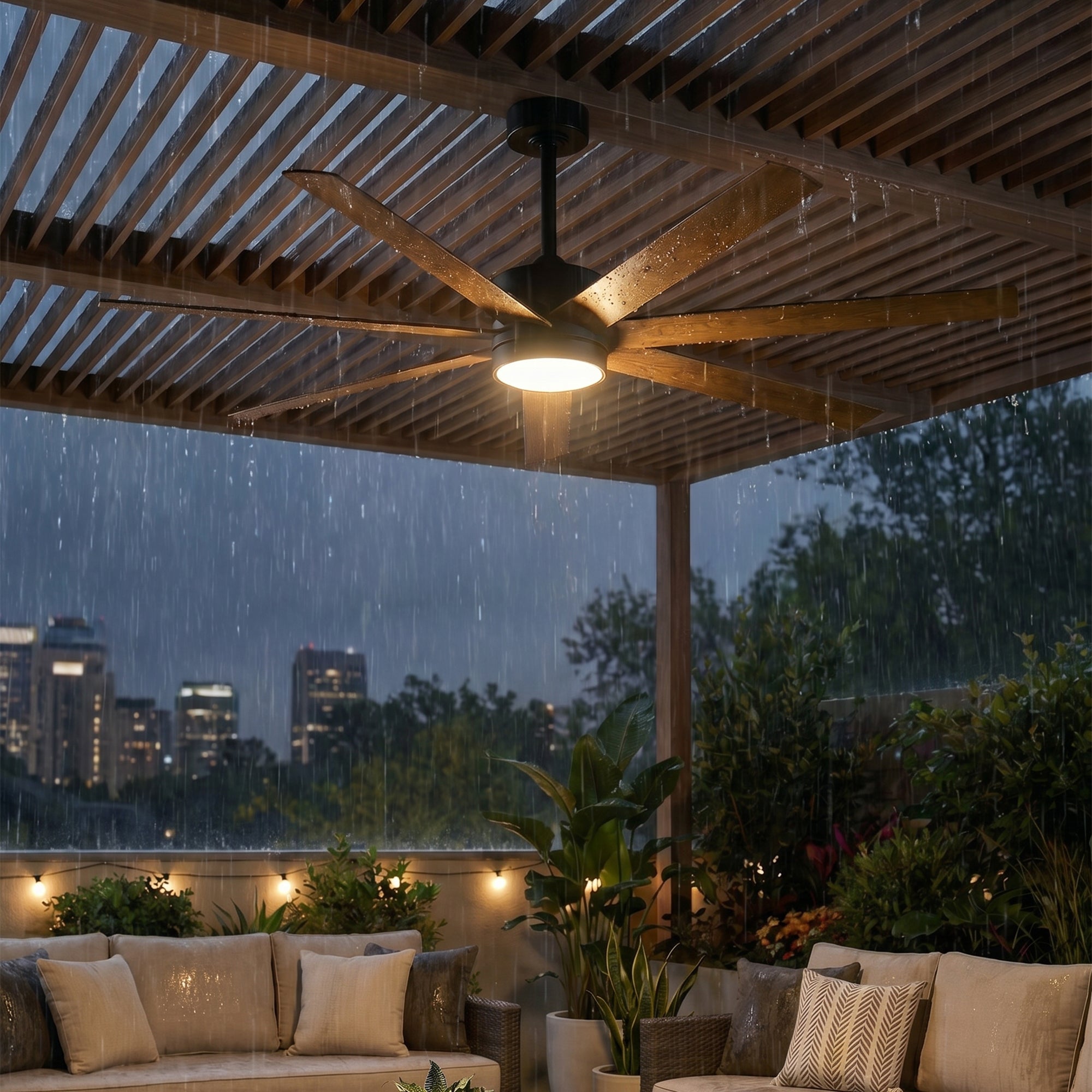 XCWIIE 705 wood grain ceiling fan with LED light in a spacious outdoor setting #woodgrain