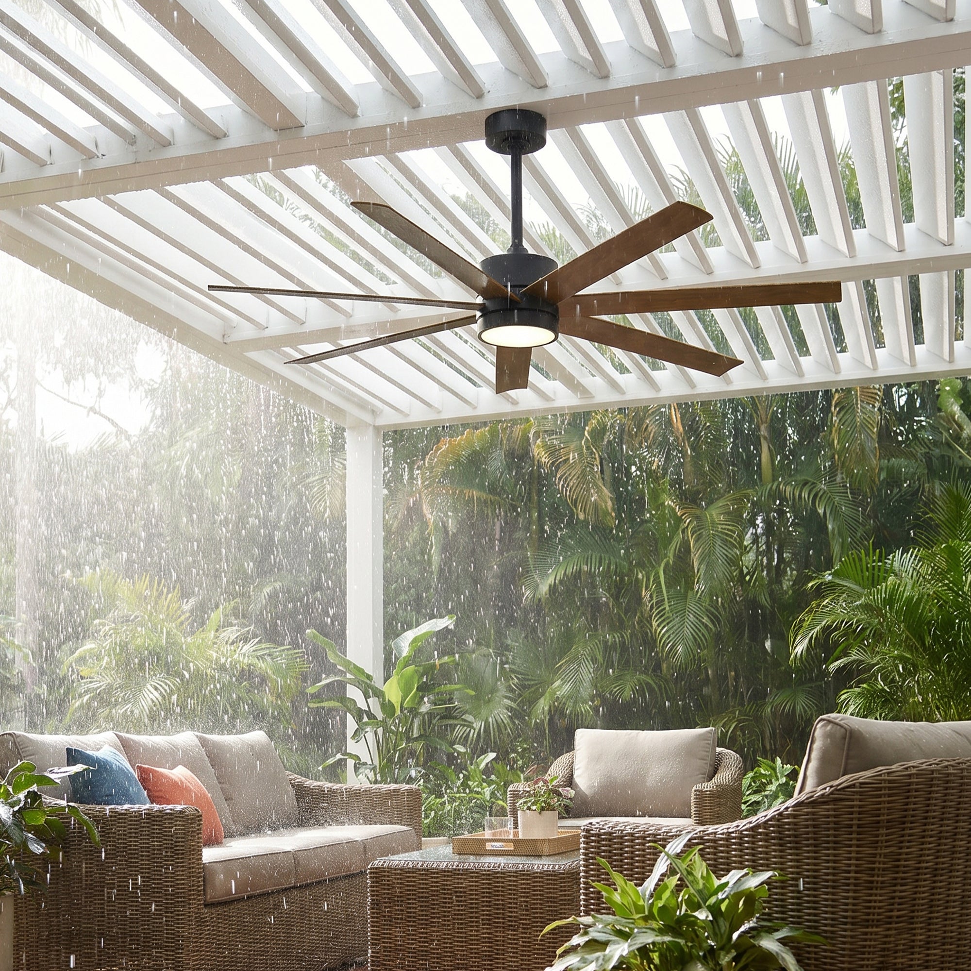 XCWIIE 705 wood grain outdoor ceiling fan with light installed in an outdoor living space #woodgrain