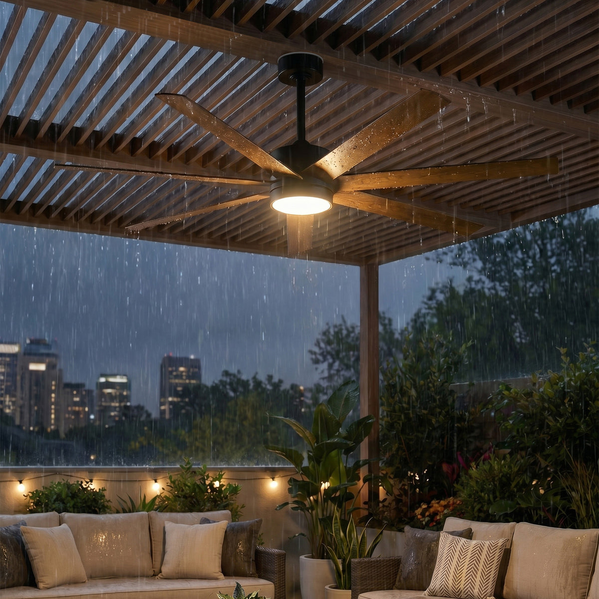 XCWIIE 705 wood grain wet-rated ceiling fan providing airflow in an outdoor area #woodgrain
