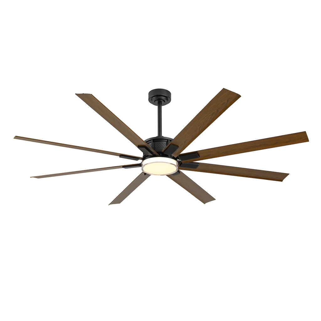 A 8-blade ceiling fan with brown wood-look blades and a black metal motor housing, featuring a round light fixture in the center, shown against a plain white background.#woodgrain