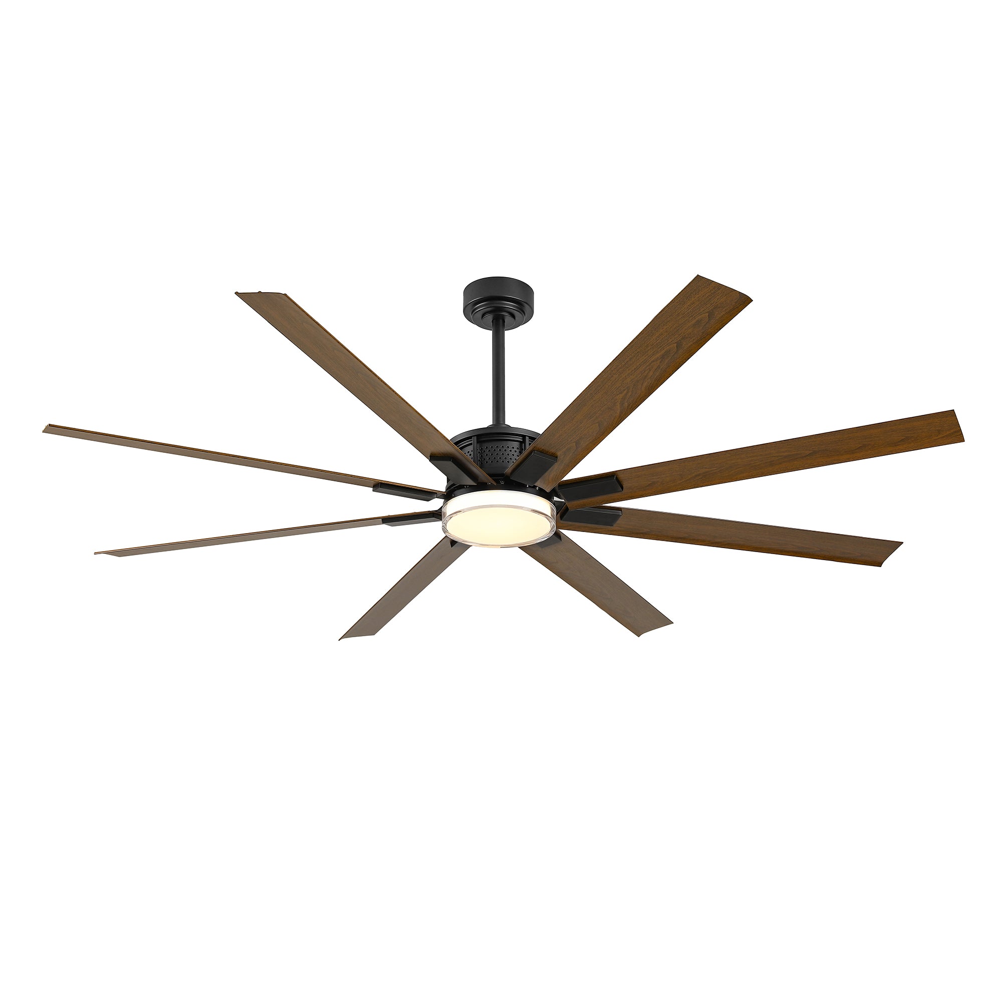 A 8-blade ceiling fan with brown wood-look blades and a black metal motor housing, featuring a round light fixture in the center, shown against a plain white background.#woodgrain